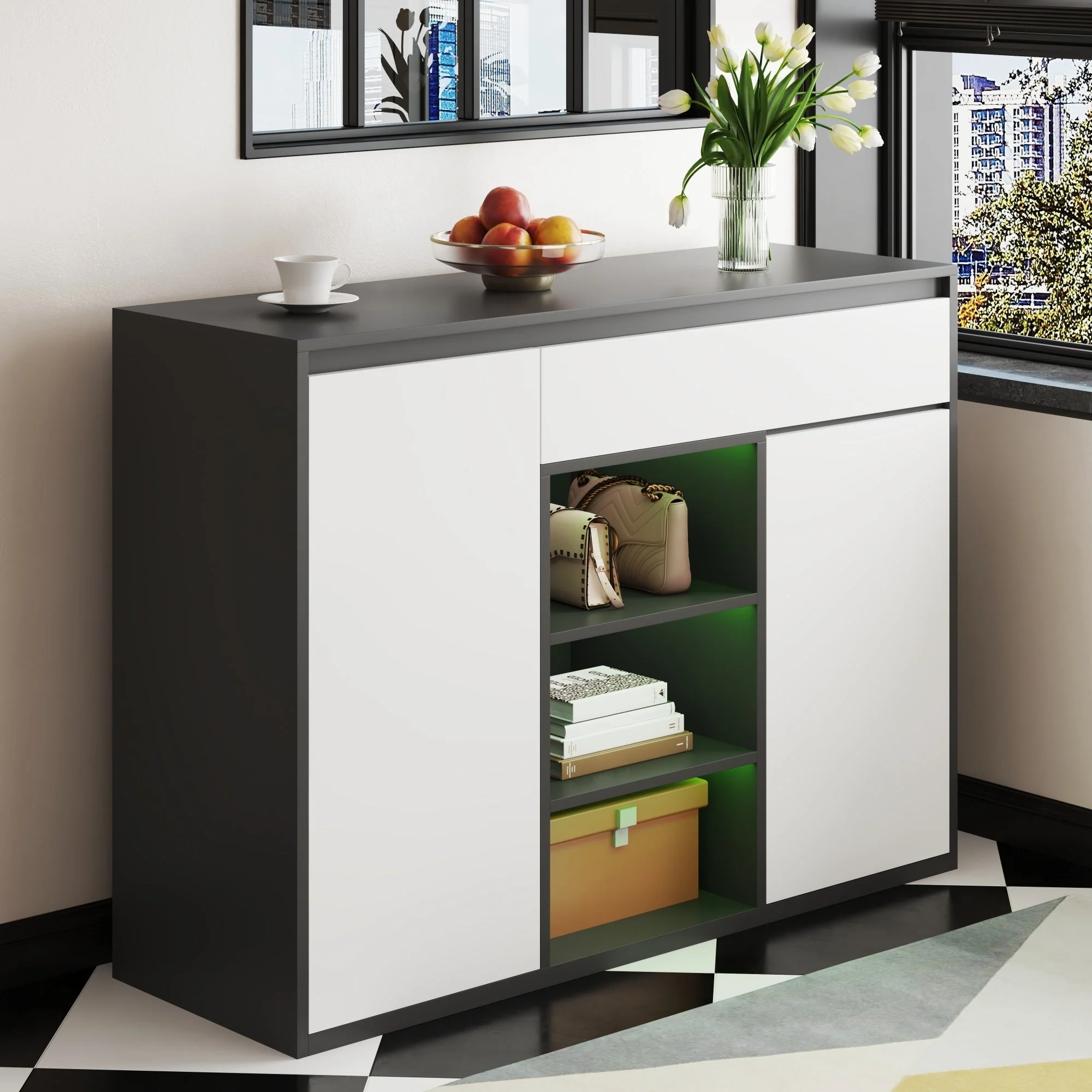 Shoe Cabinet, 2 Doors 1 Drawer Adjustable Rack, Black/White Modern Design - Image 2