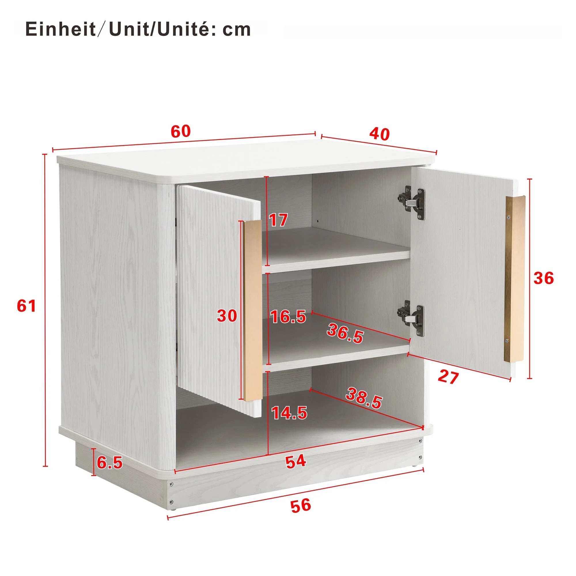 Shoe Cabinet 2 Doors Open Compartment Gold Handles 60x40x61cm - White - Image 6