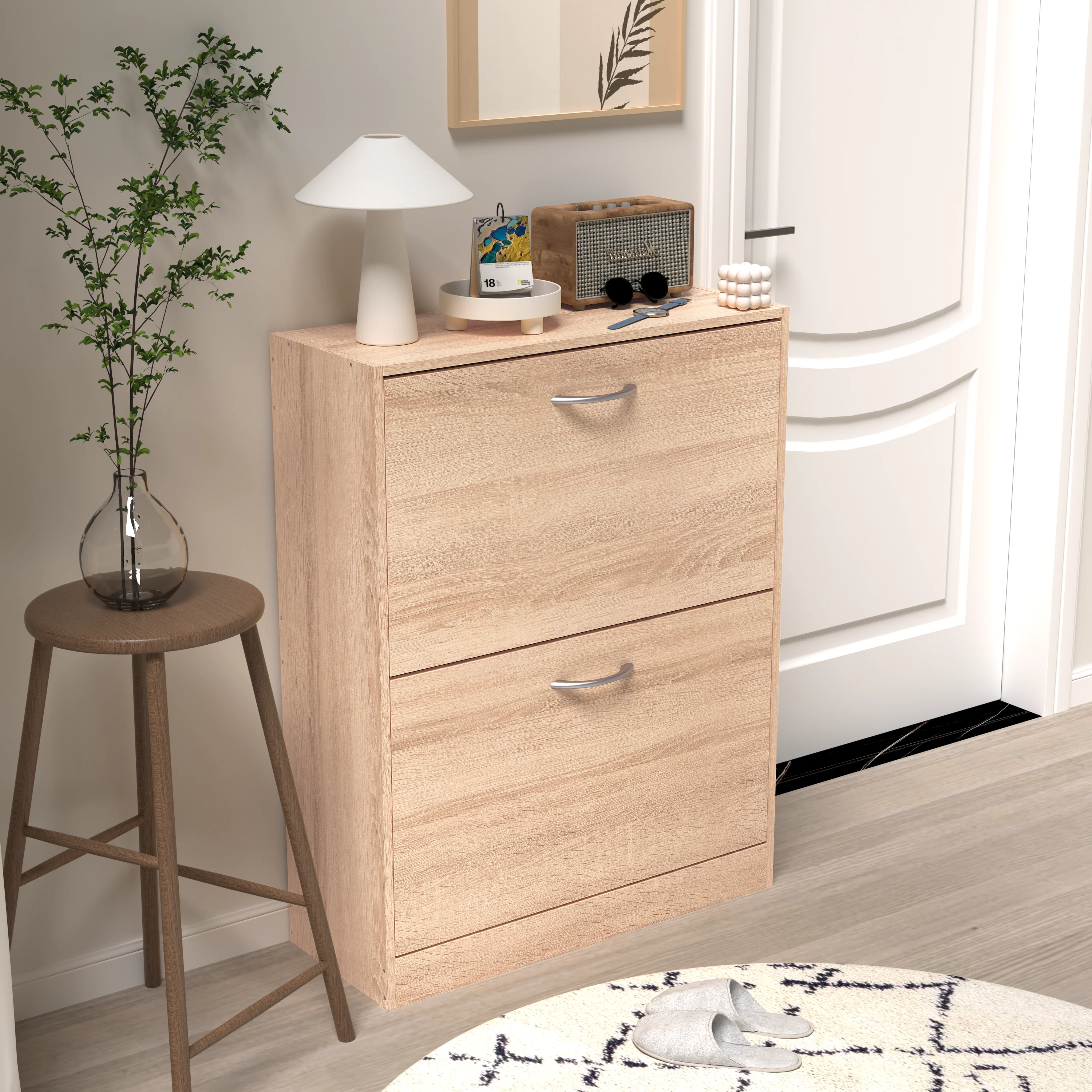 Shoe Cabinet 2 Hinged Doors Entryway Storage - Vintage Wood Grain