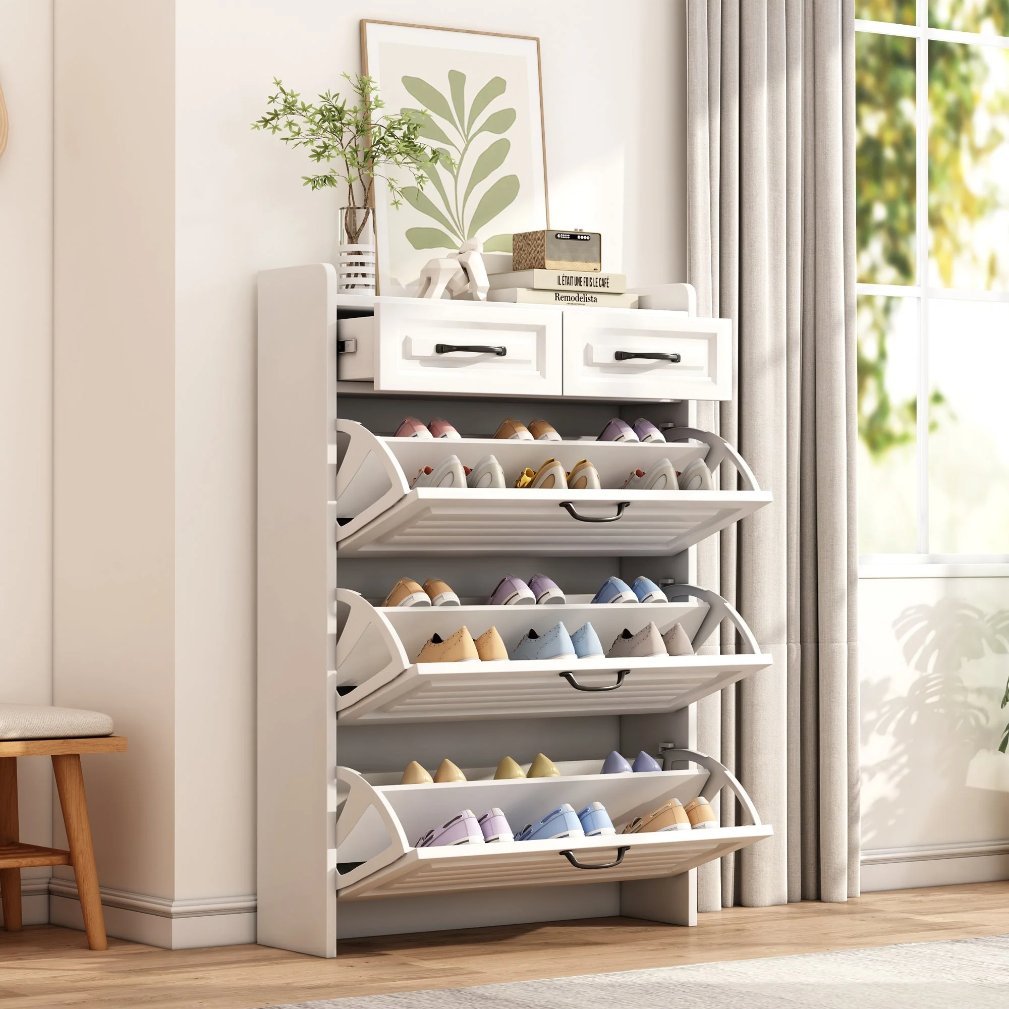 Shoe Cabinet 3 Doors 2 Drawers, W80/H131 cm, Wooden - Image 3