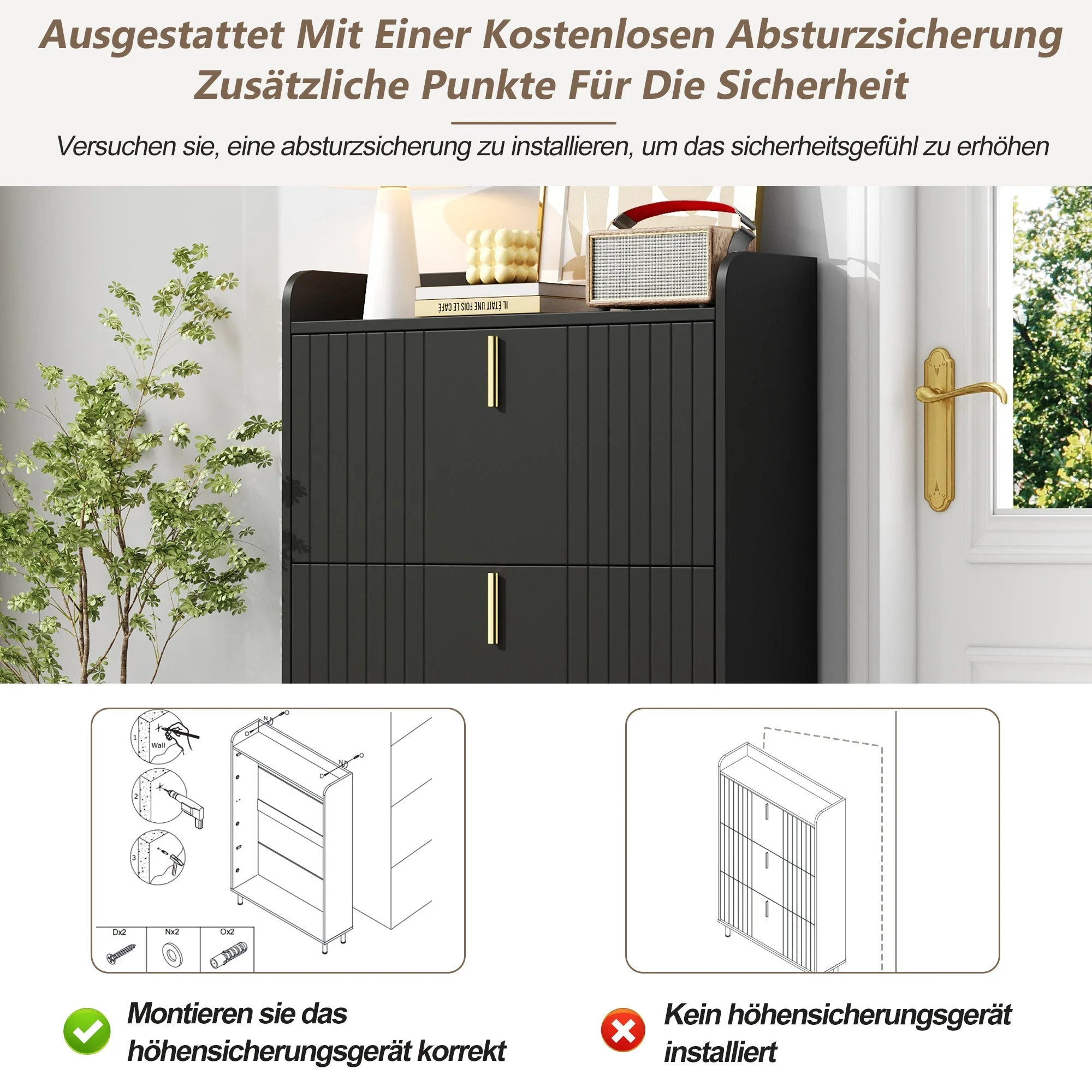 Shoe Cabinet 3 Doors 6 Adjustable Compartments Narrow Anti-tip Black - Image 8