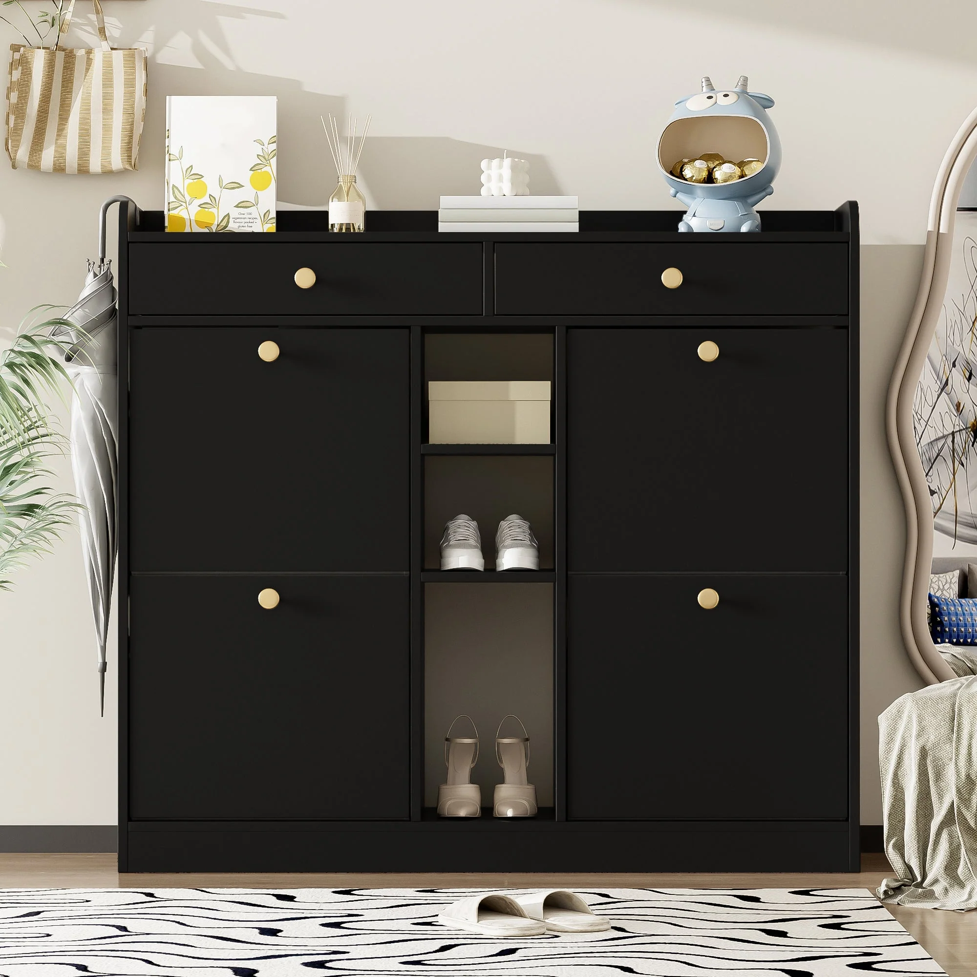 Shoe Cabinet, 4-Door, 2-Drawer, 3-Compartment, Black - Image 7