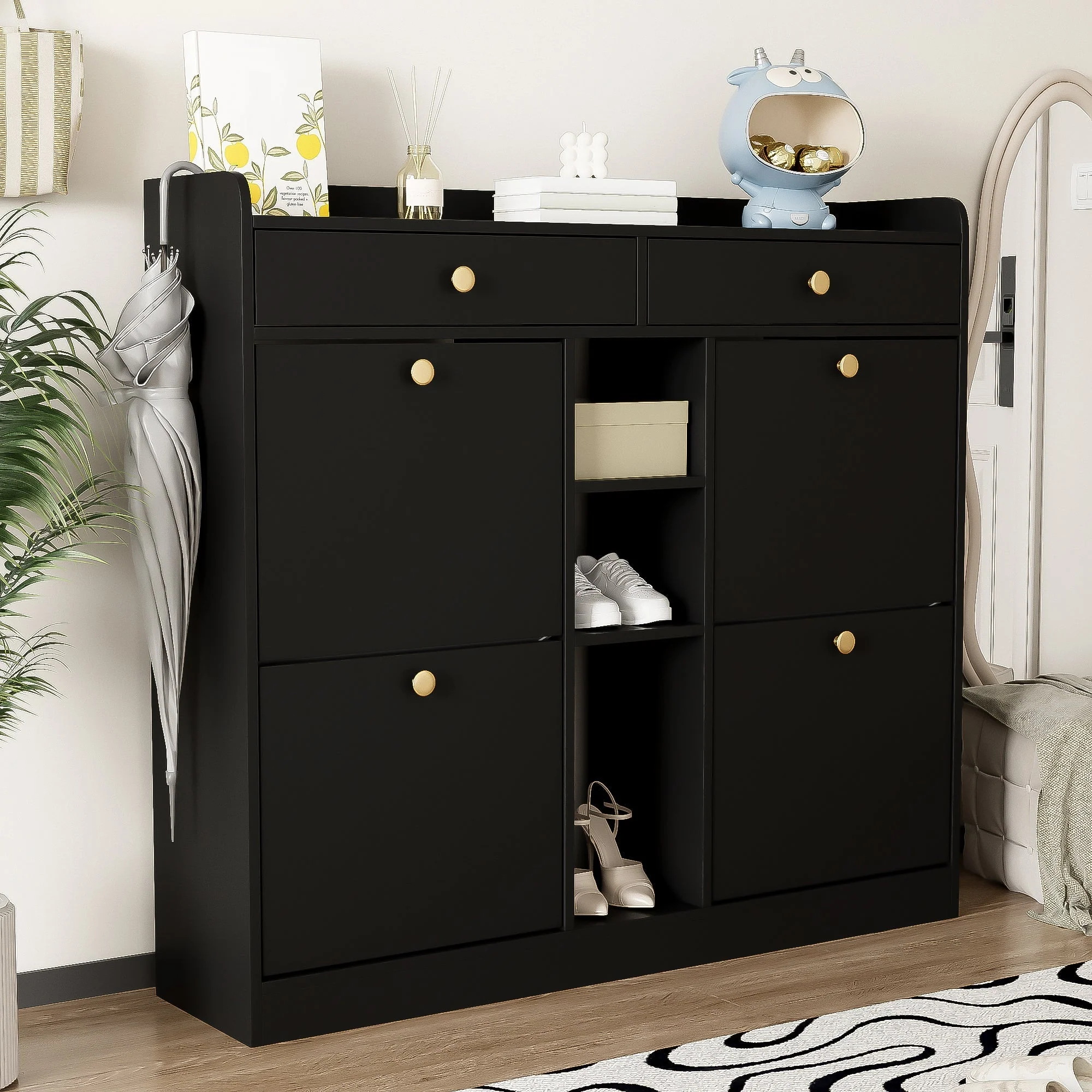 Shoe Cabinet, 4-Door, 2-Drawer, 3-Compartment, Black - Image 9