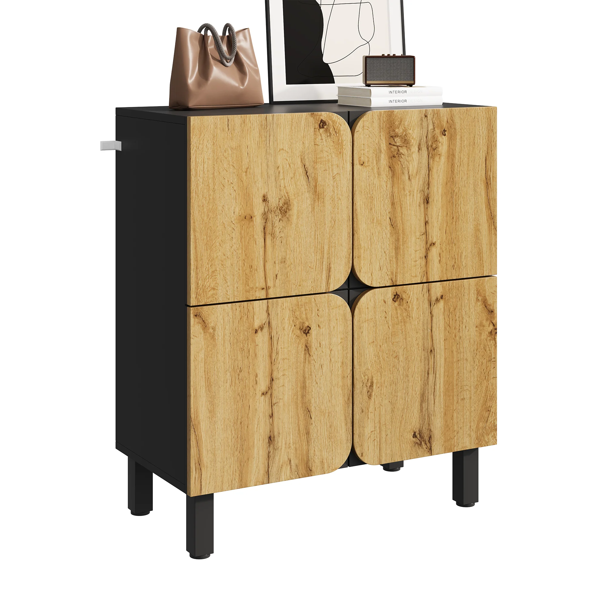 Shoe Cabinet 4 Doors Adjustable Shelves Curved Doors Black - Image 2