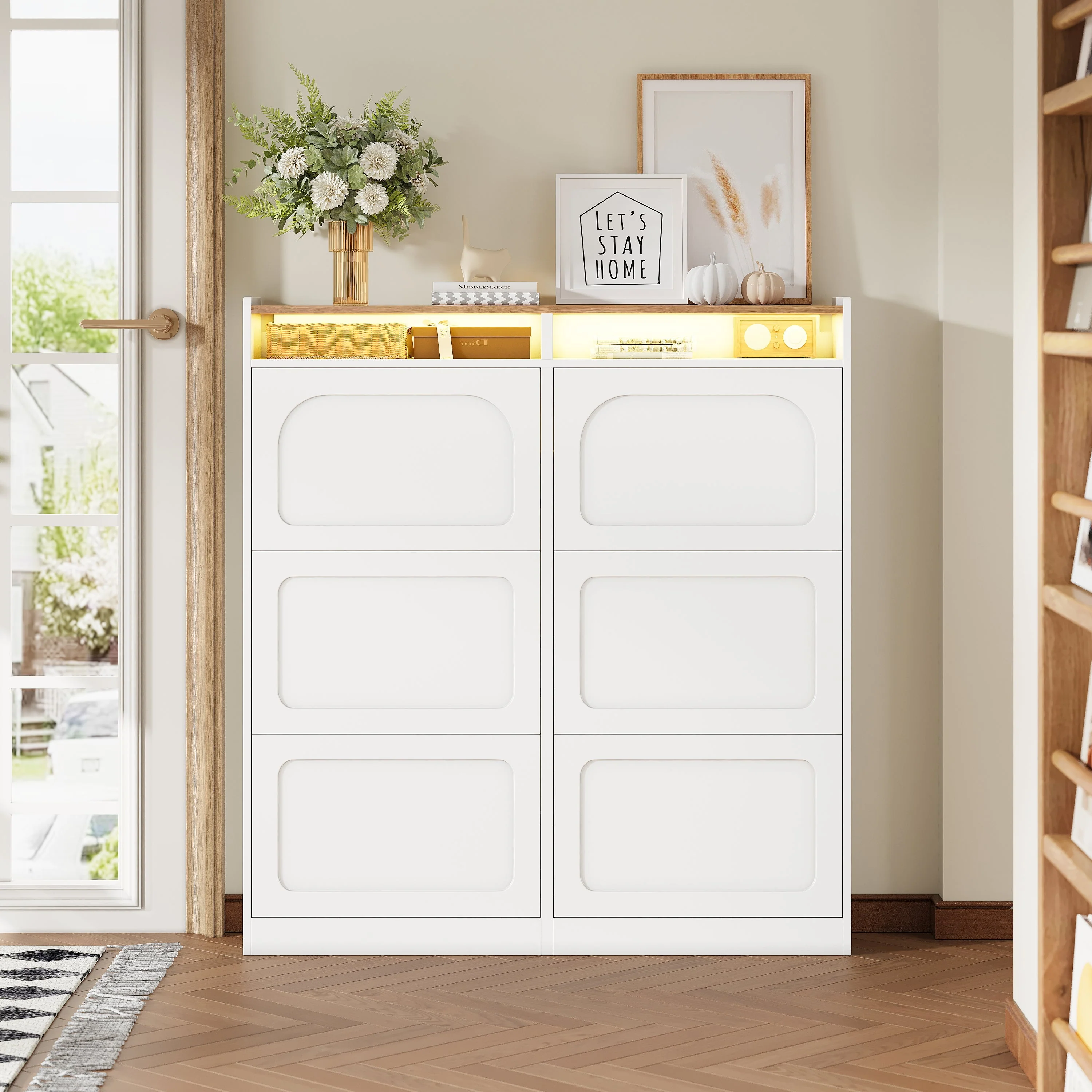 Shoe Cabinet 6 Drop-Down Compartments LED Lighting Open Storage White Natural Finish - Image 3