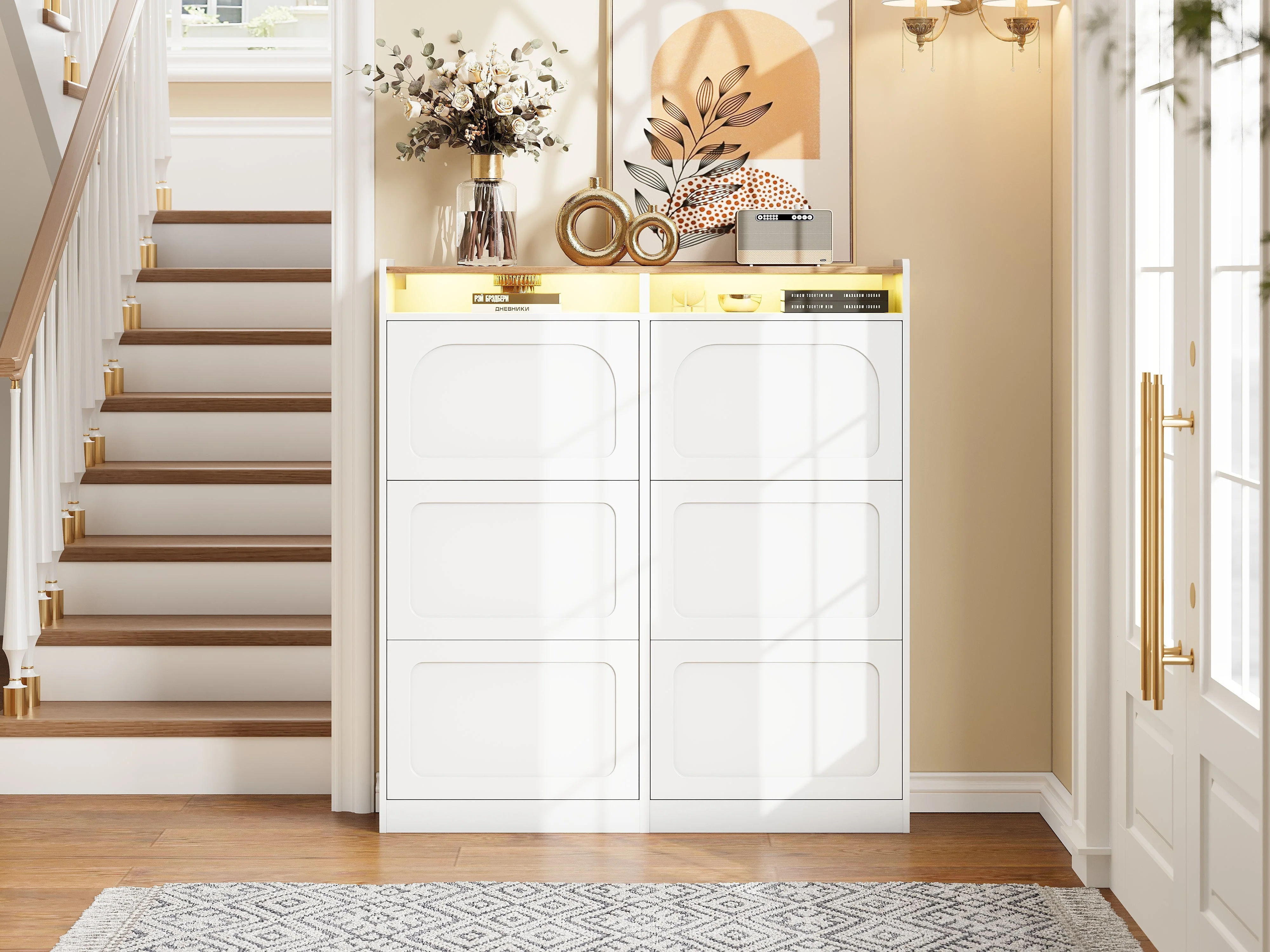 Shoe Cabinet 6 Drop-Down Compartments LED Lighting Open Storage White Natural Finish - Image 7