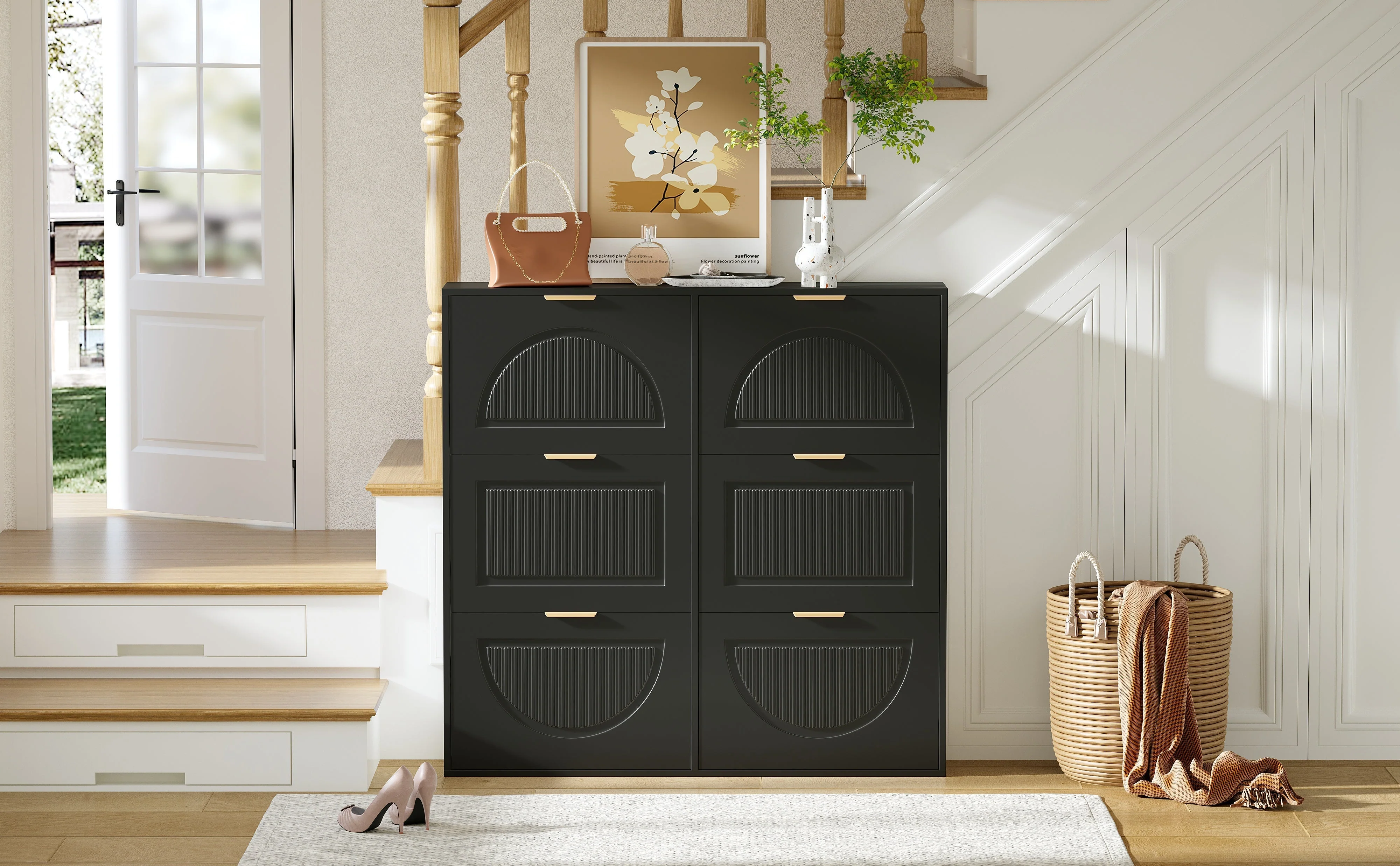 Shoe Cabinet 6 Flap Compartments Freestanding Open Shelves Black - Image 10