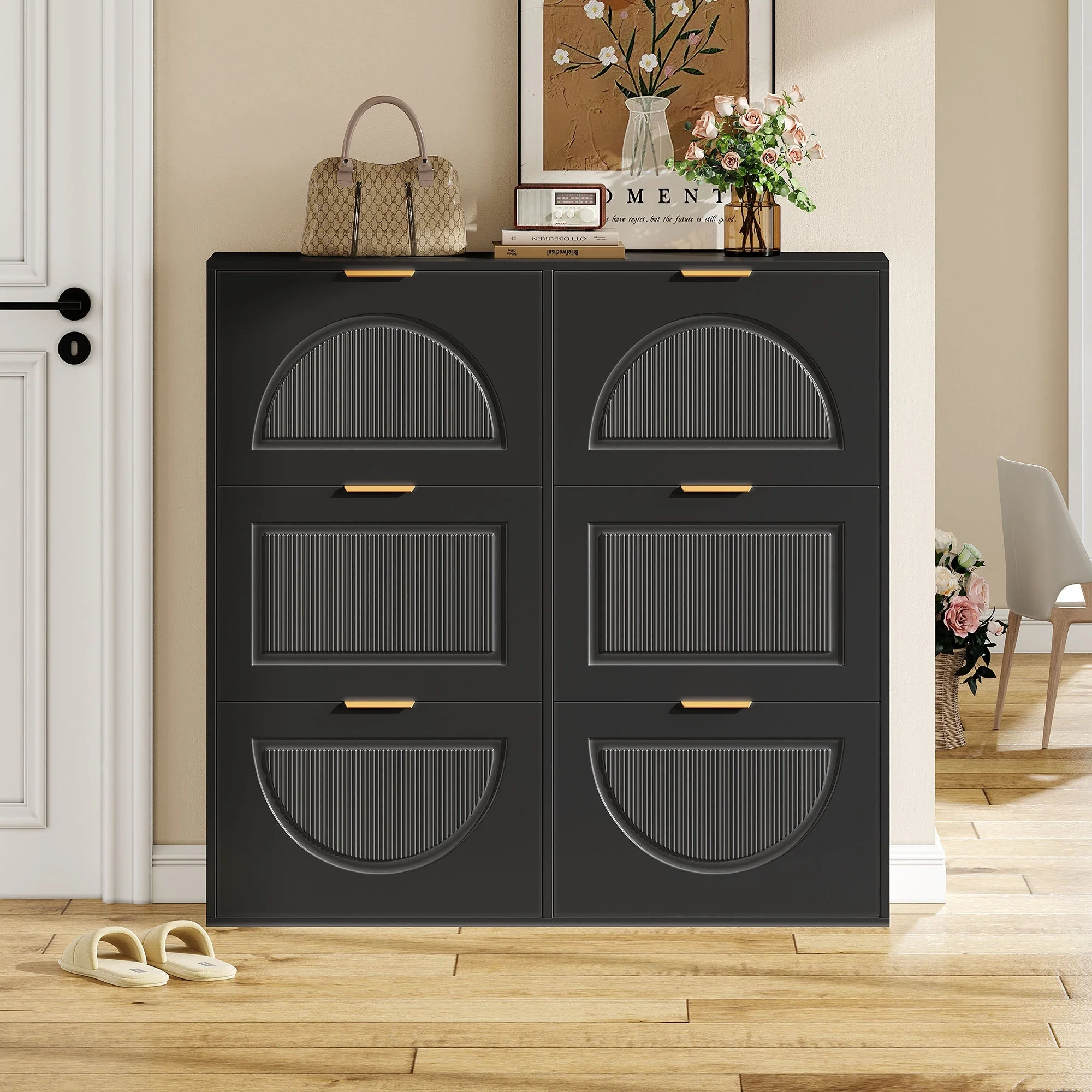 Shoe Cabinet 6 Flap Compartments Freestanding Open Shelves Black - Image 2