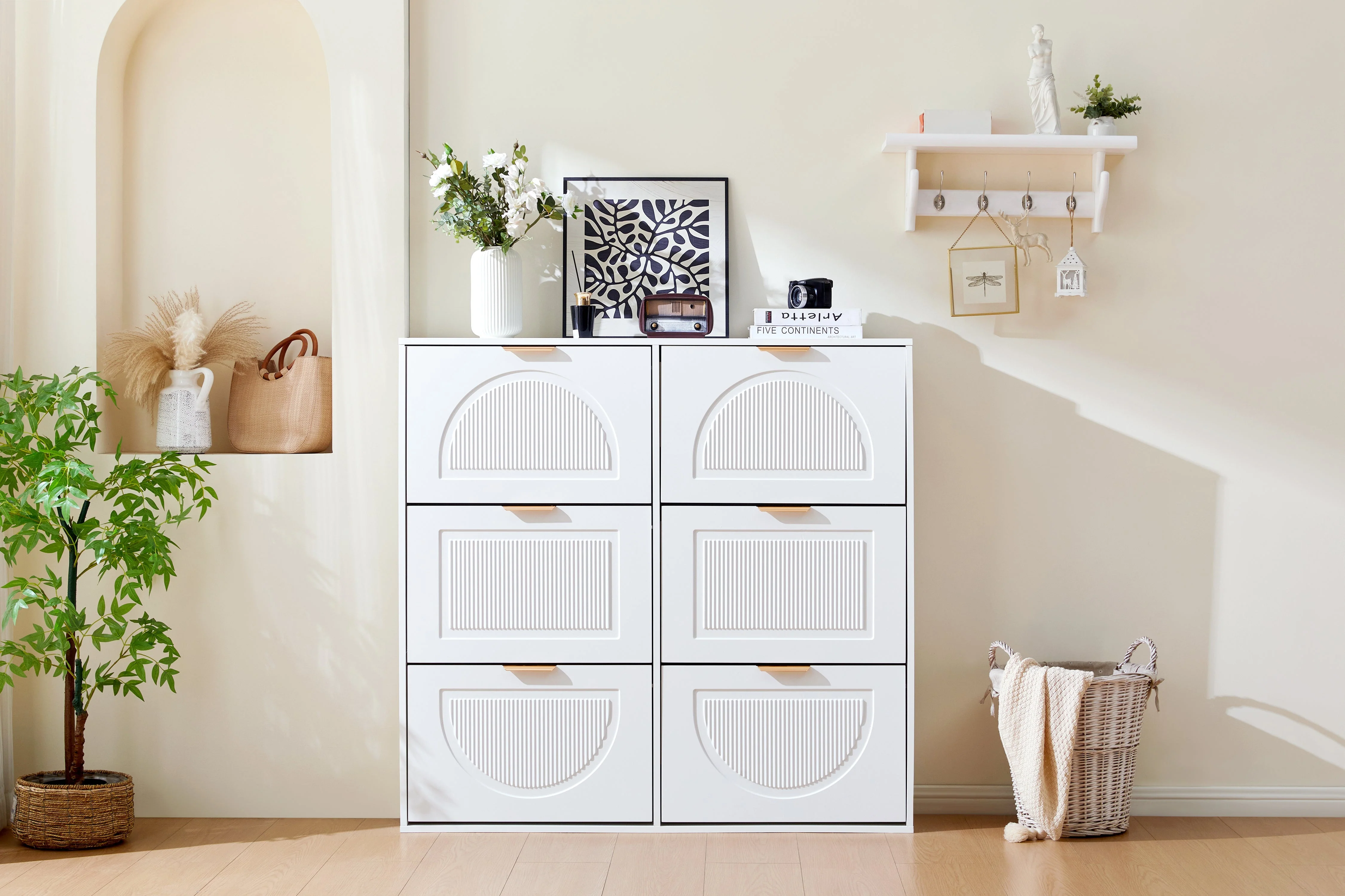 Shoe Cabinet 6 Flaps Open Shelves Freestanding 118x115x25cm - White - Image 10