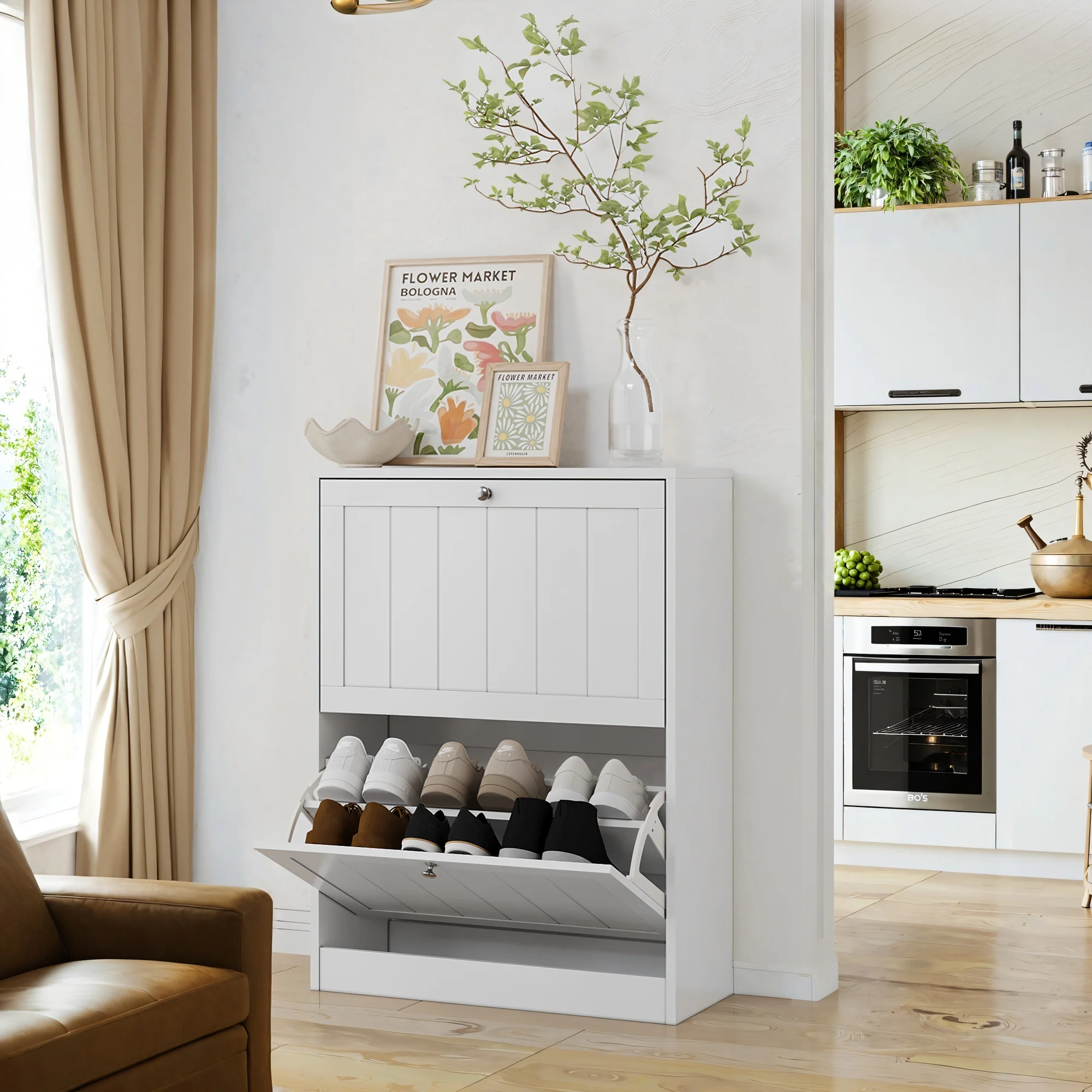 Shoe Cabinet 60cm Mid-Century Modern Freestanding 2 Drop-Down Drawers - White - Image 5