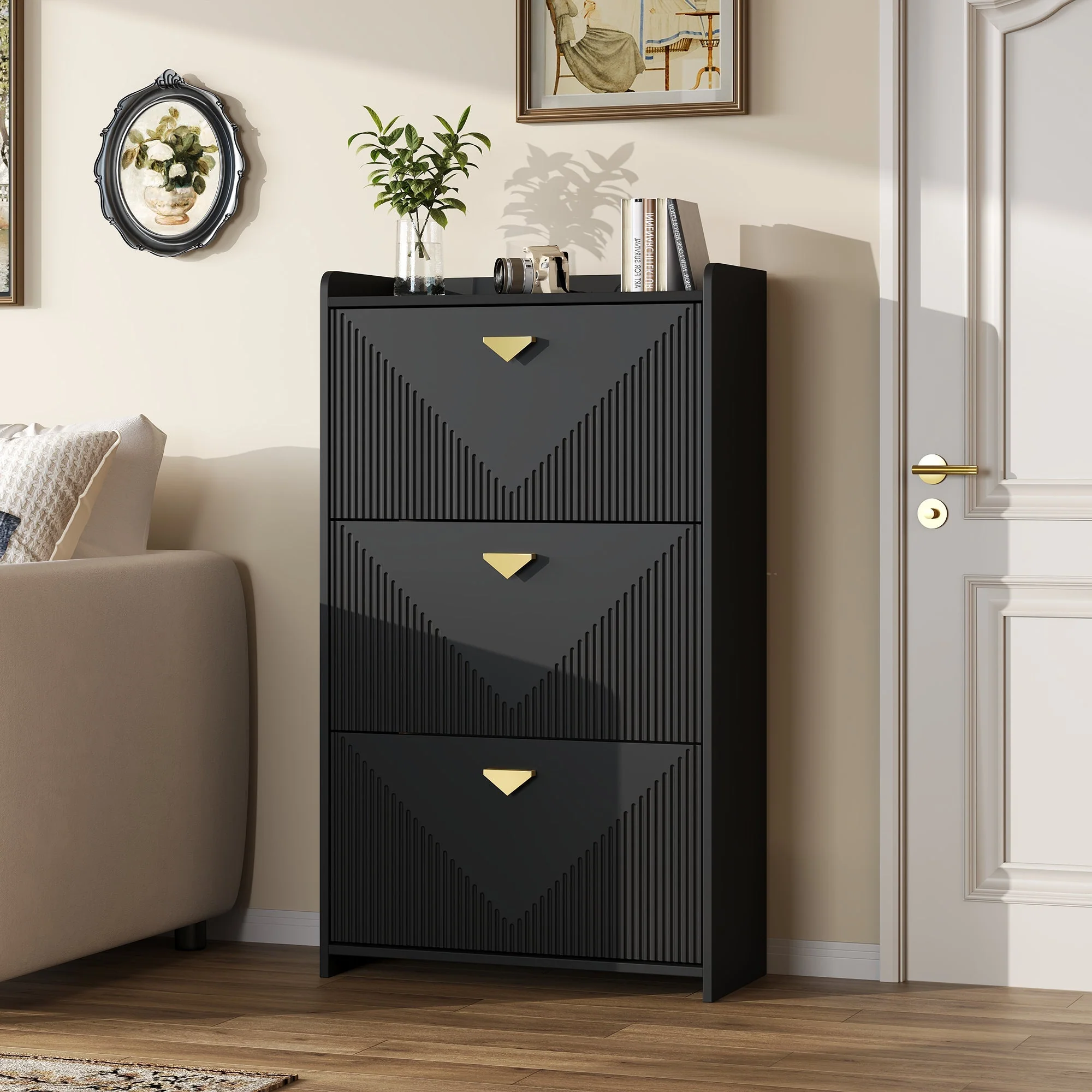 Shoe Cabinet 70x30x120cm 3 Drop-Down Doors 6 Compartments Adjustable Width Black