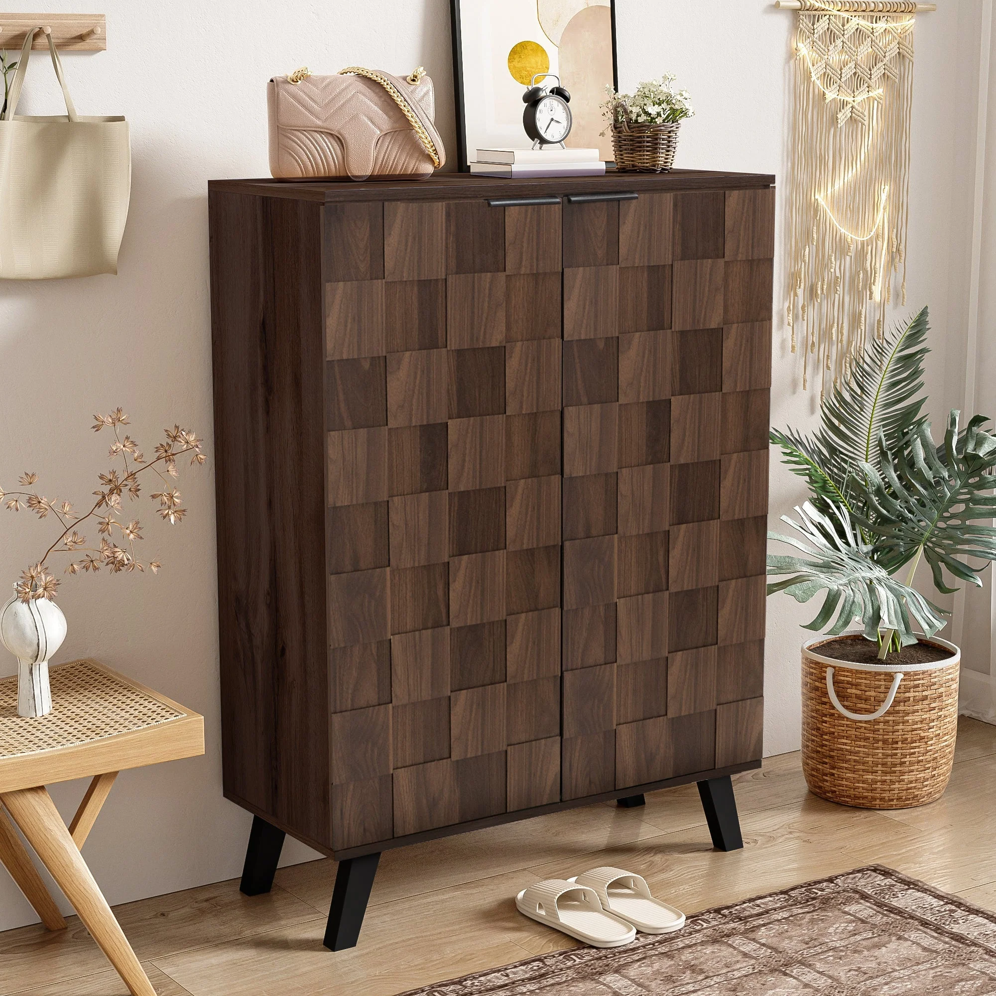 Shoe Cabinet 80x35.5x110cm 5 Compartments Adjustable Shelves - Dark Wood Grain - Image 8
