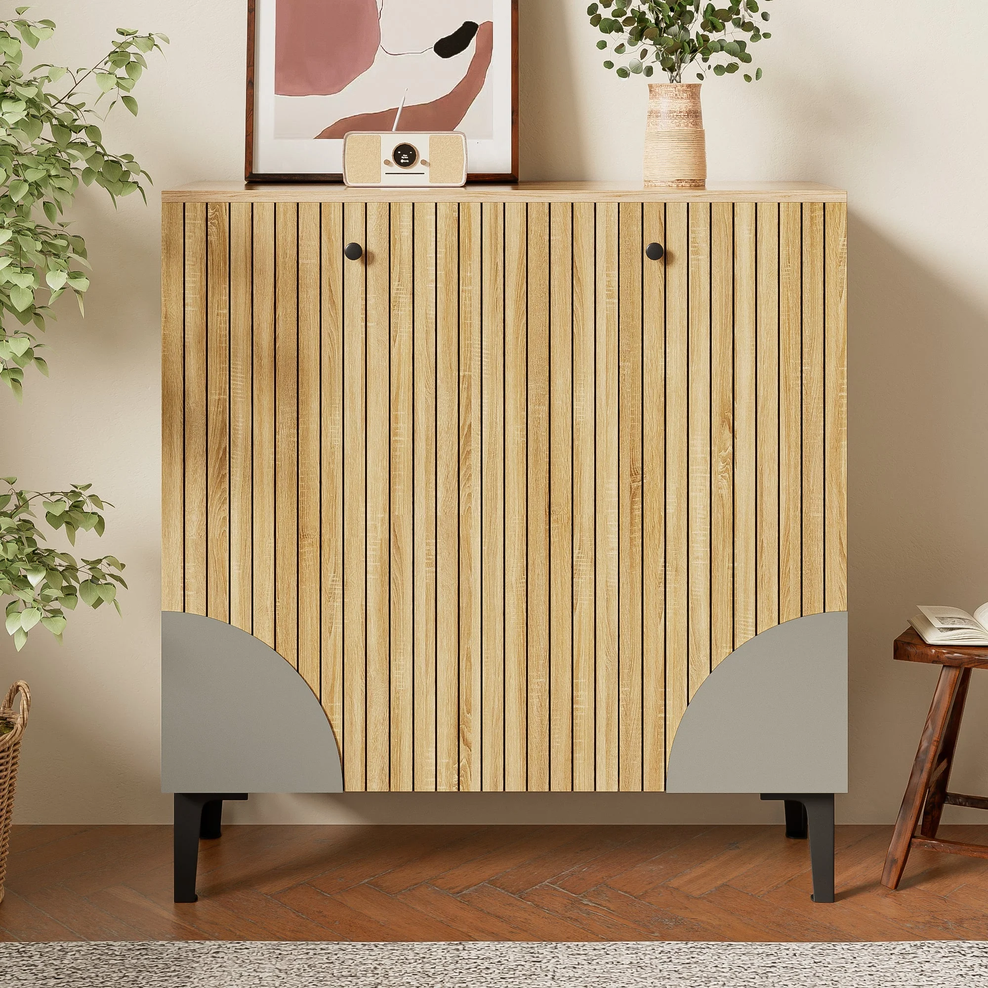 Shoe Cabinet 90x32x94cm 3 Doors Storage Shelf - Wood Look/Black