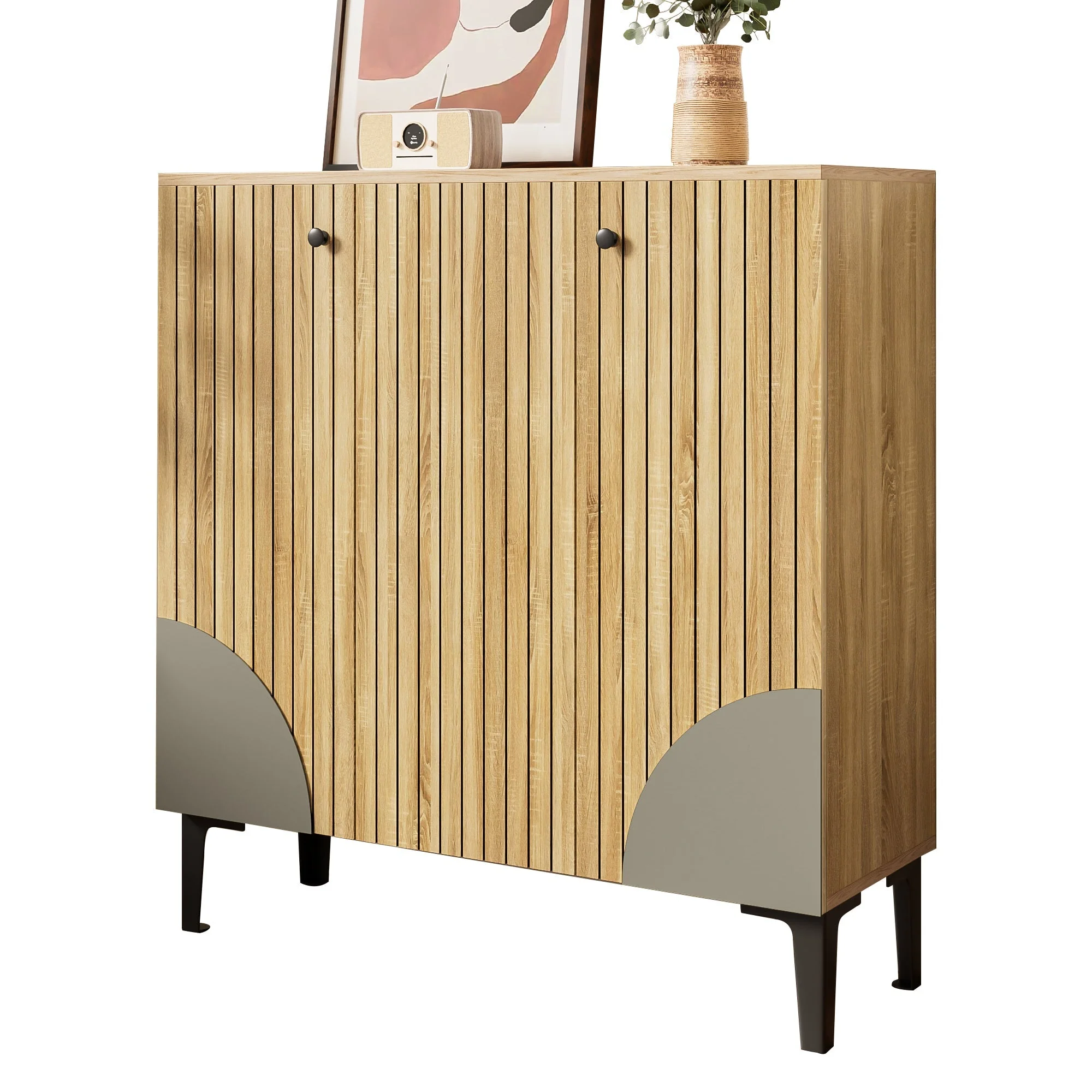 Shoe Cabinet 90x32x94cm 3 Doors Storage Shelf - Wood Look/Black - Image 2