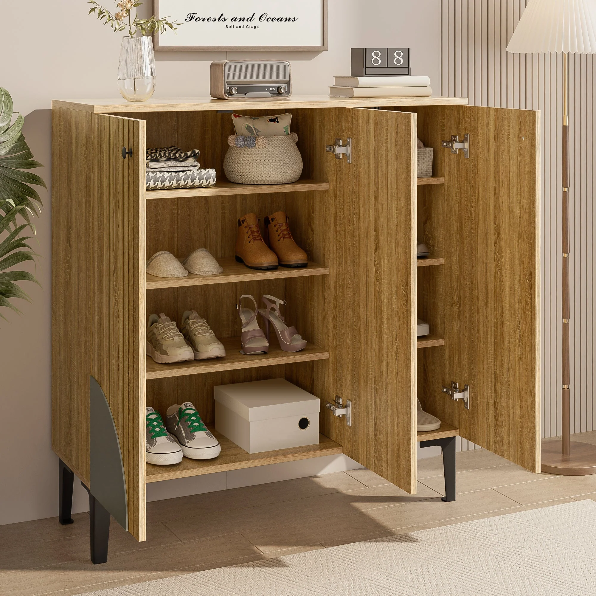 Shoe Cabinet 90x32x94cm 3 Doors Storage Shelf - Wood Look/Black - Image 5
