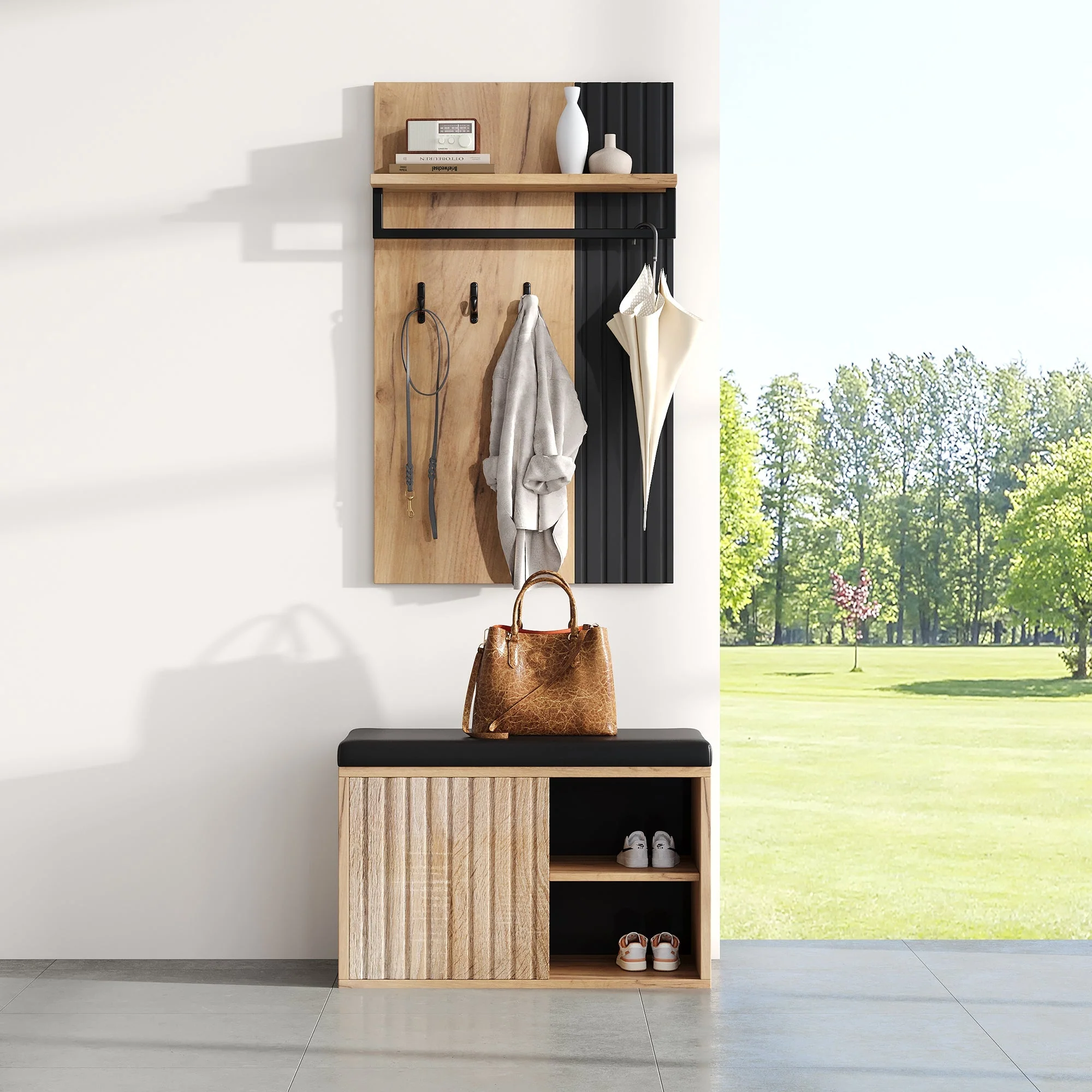 Shoe Cabinet Bench Hallway Furniture 2 Doors 3 Hooks Black and Natural Color - Image 3