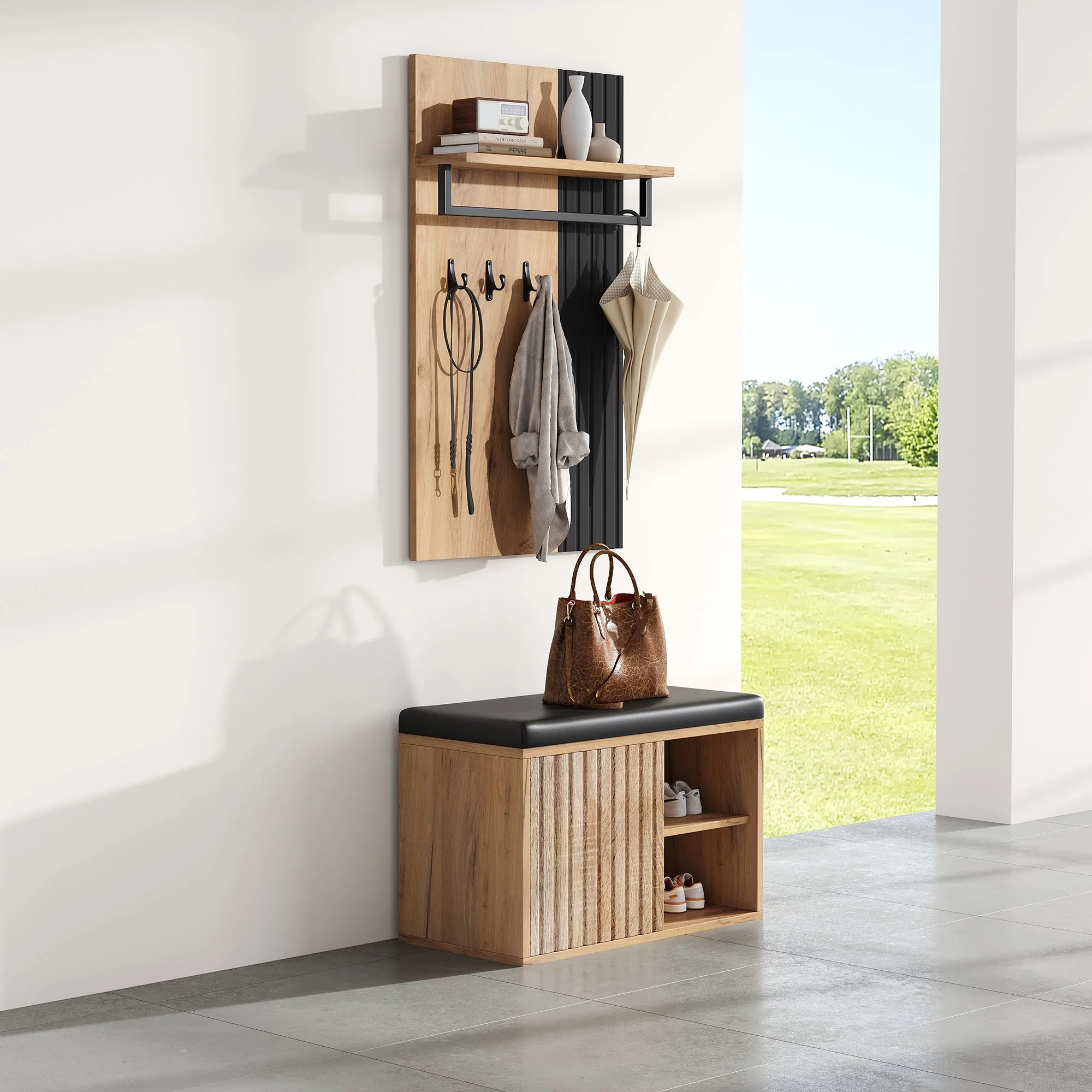 Shoe Cabinet Bench Hallway Furniture 2 Doors 3 Hooks Black and Natural Color - Image 4