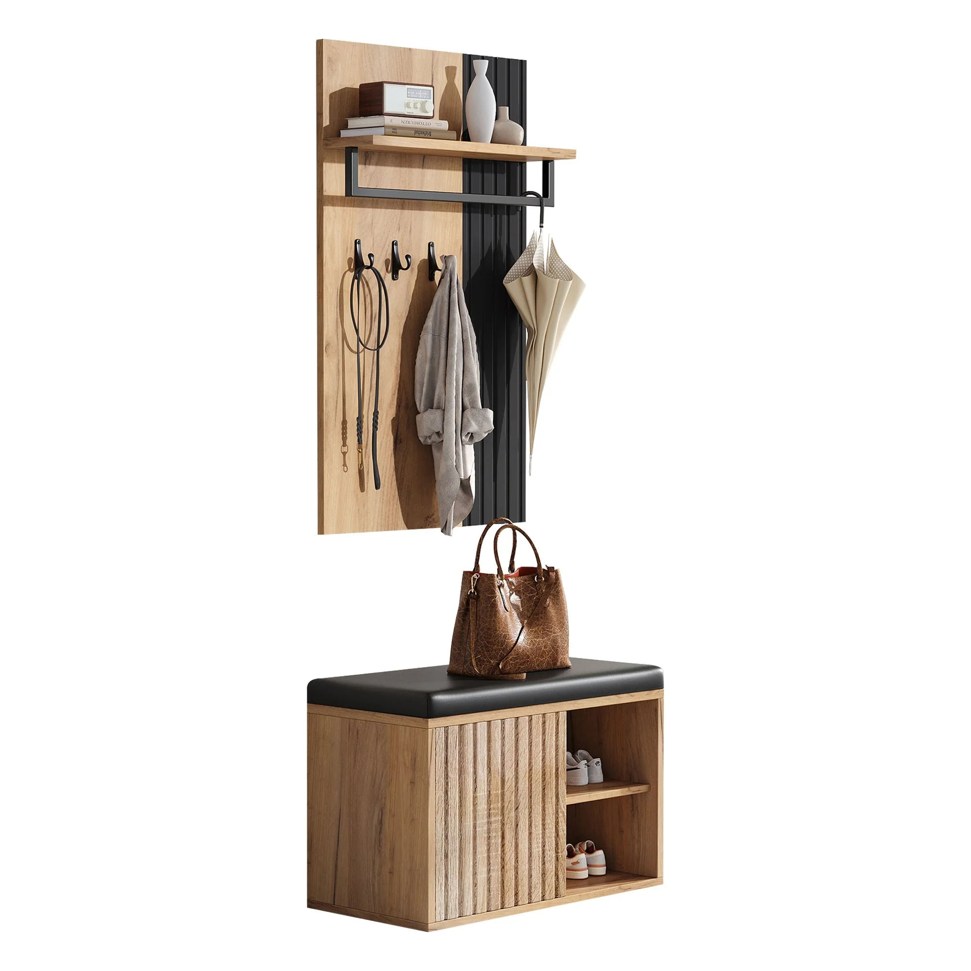 Shoe Cabinet Bench Hallway Furniture 2 Doors 3 Hooks Black and Natural Color - Image 5