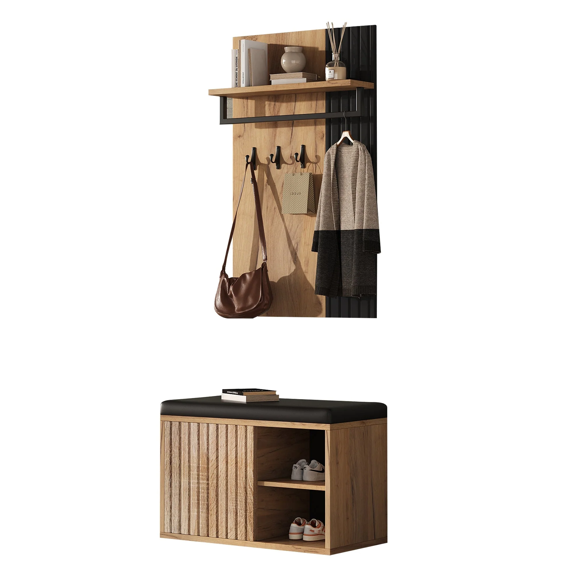 Shoe Cabinet Bench Hallway Furniture 2 Doors 3 Hooks Black and Natural Color - Image 6