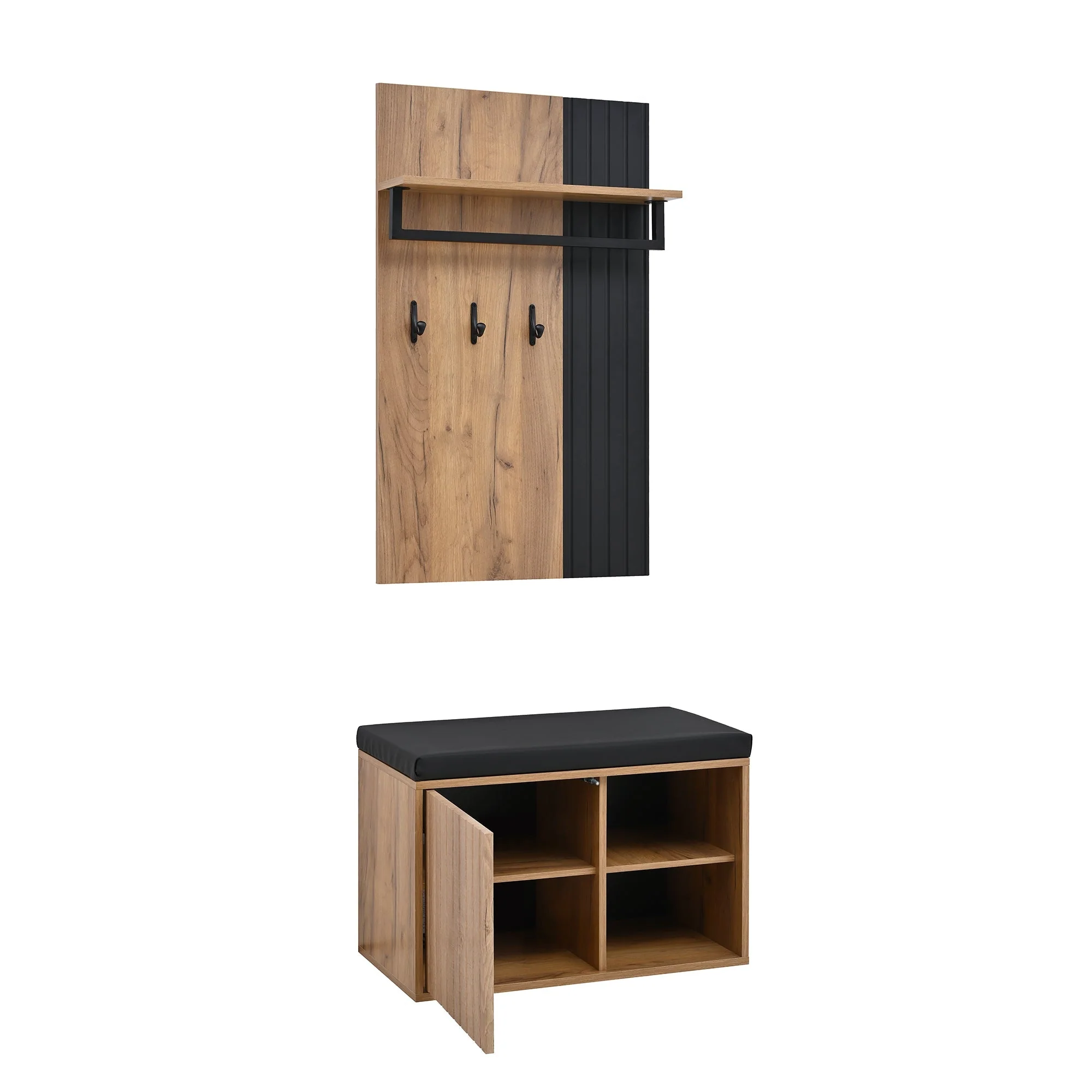 Shoe Cabinet Bench Hallway Furniture 2 Doors 3 Hooks Black and Natural Color - Image 7