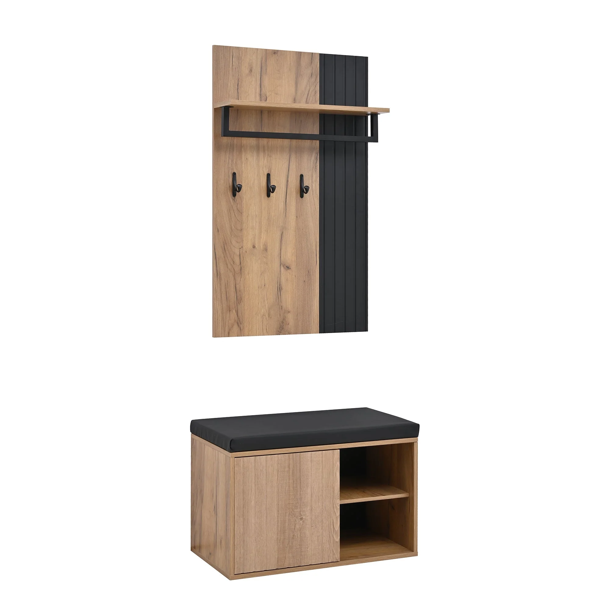 Shoe Cabinet Bench Hallway Furniture 2 Doors 3 Hooks Black and Natural Color - Image 8