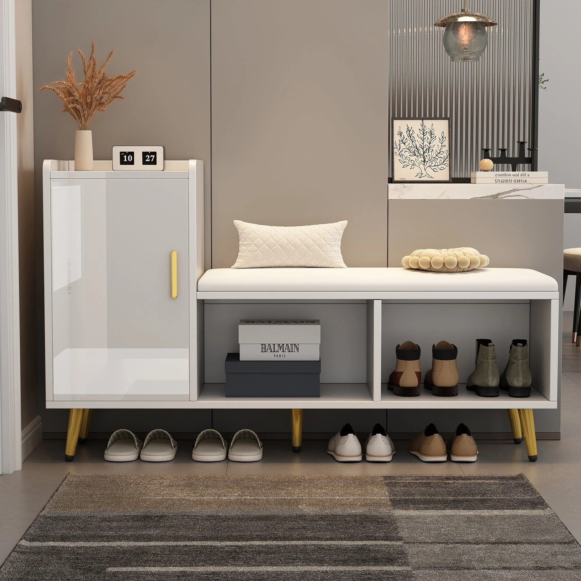 Shoe Cabinet, Multi-Tiered Storage with Upholstered Seat and Gold Accessories, White High Gloss
