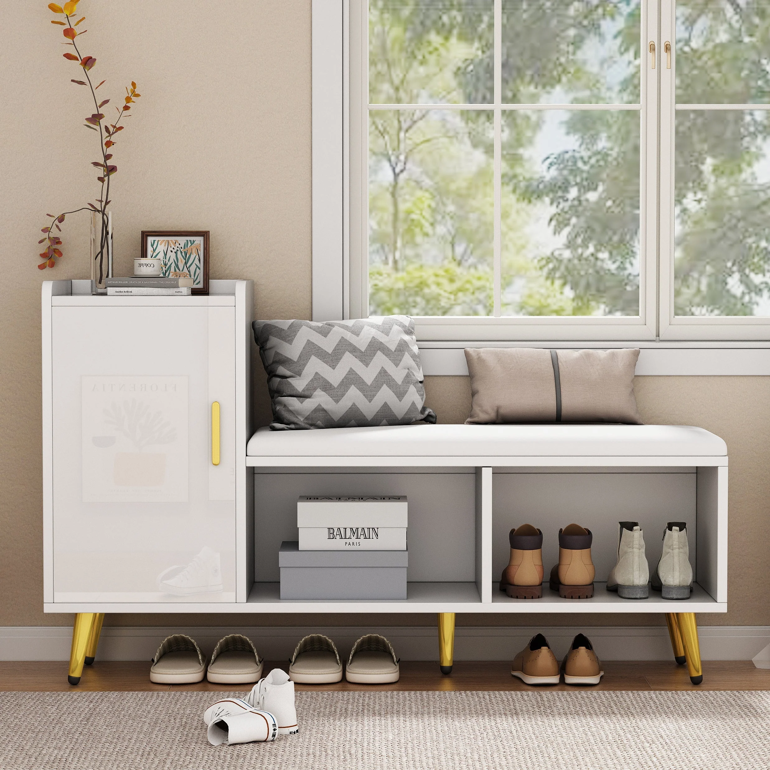 Shoe Cabinet, Multi-Tiered Storage with Upholstered Seat and Gold Accessories, White High Gloss - Image 5