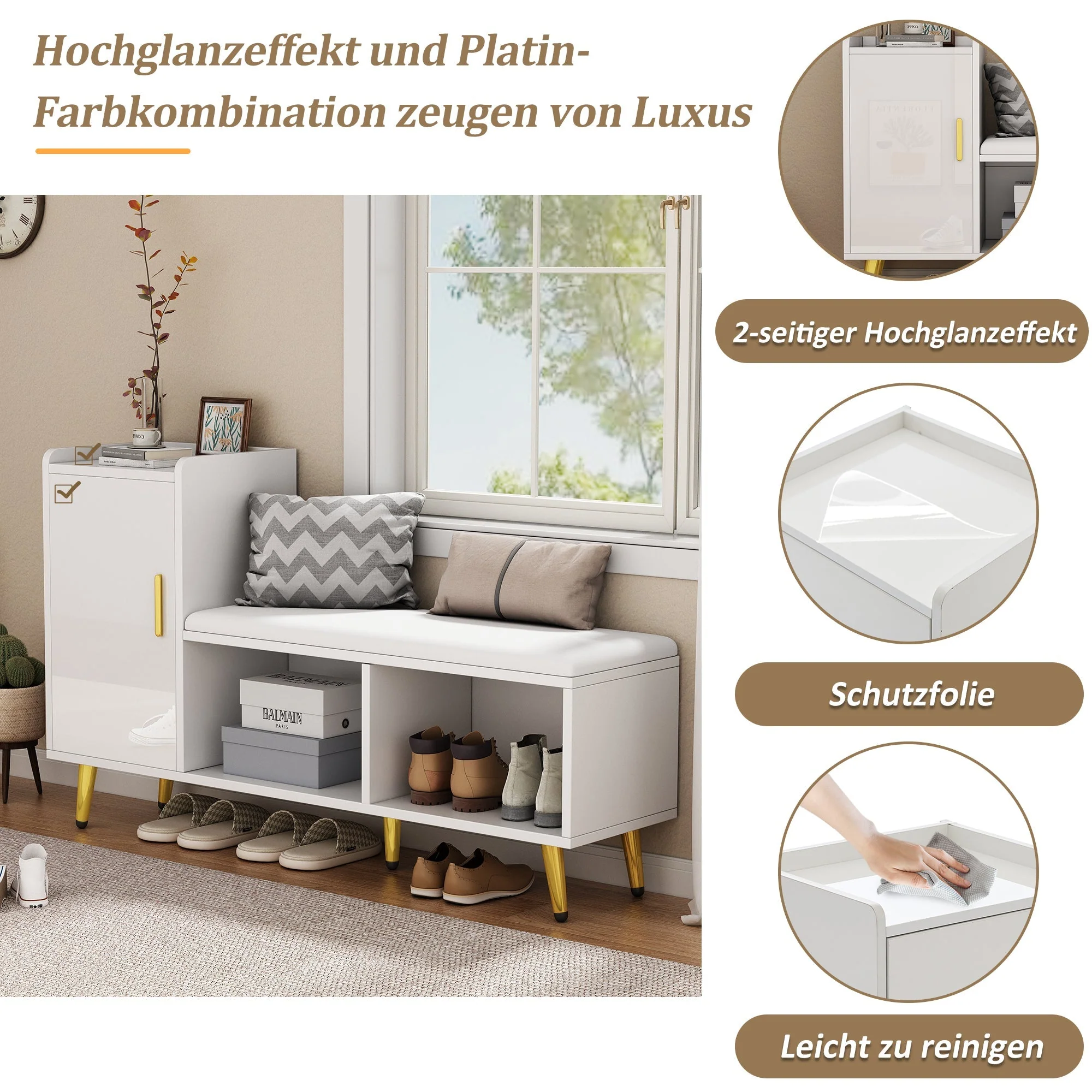 Shoe Cabinet, Multi-Tiered Storage with Upholstered Seat and Gold Accessories, White High Gloss - Image 9