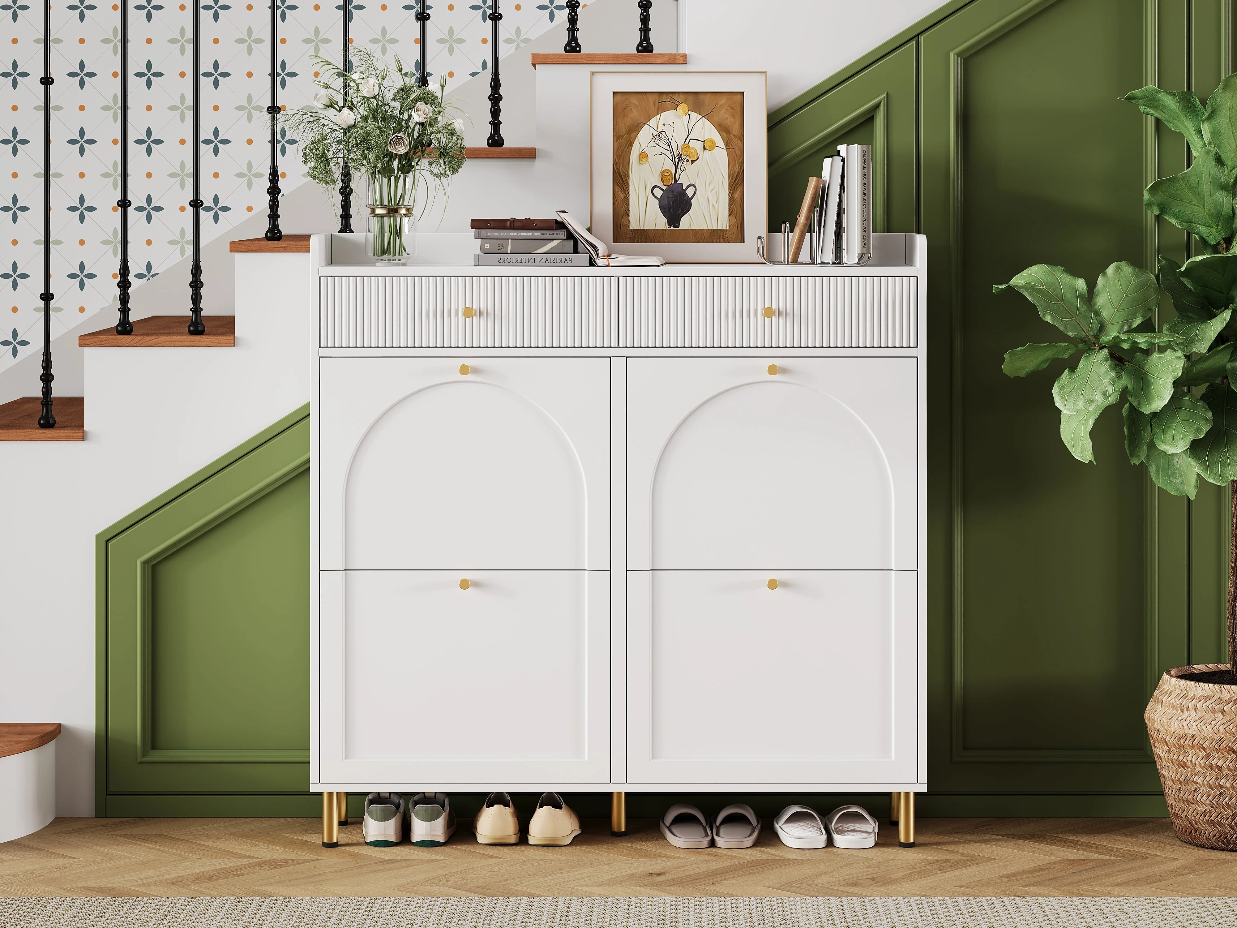 Shoe Cabinet Narrow 4 Hinged Doors 2 Drawers Metal Handles White - Image 4