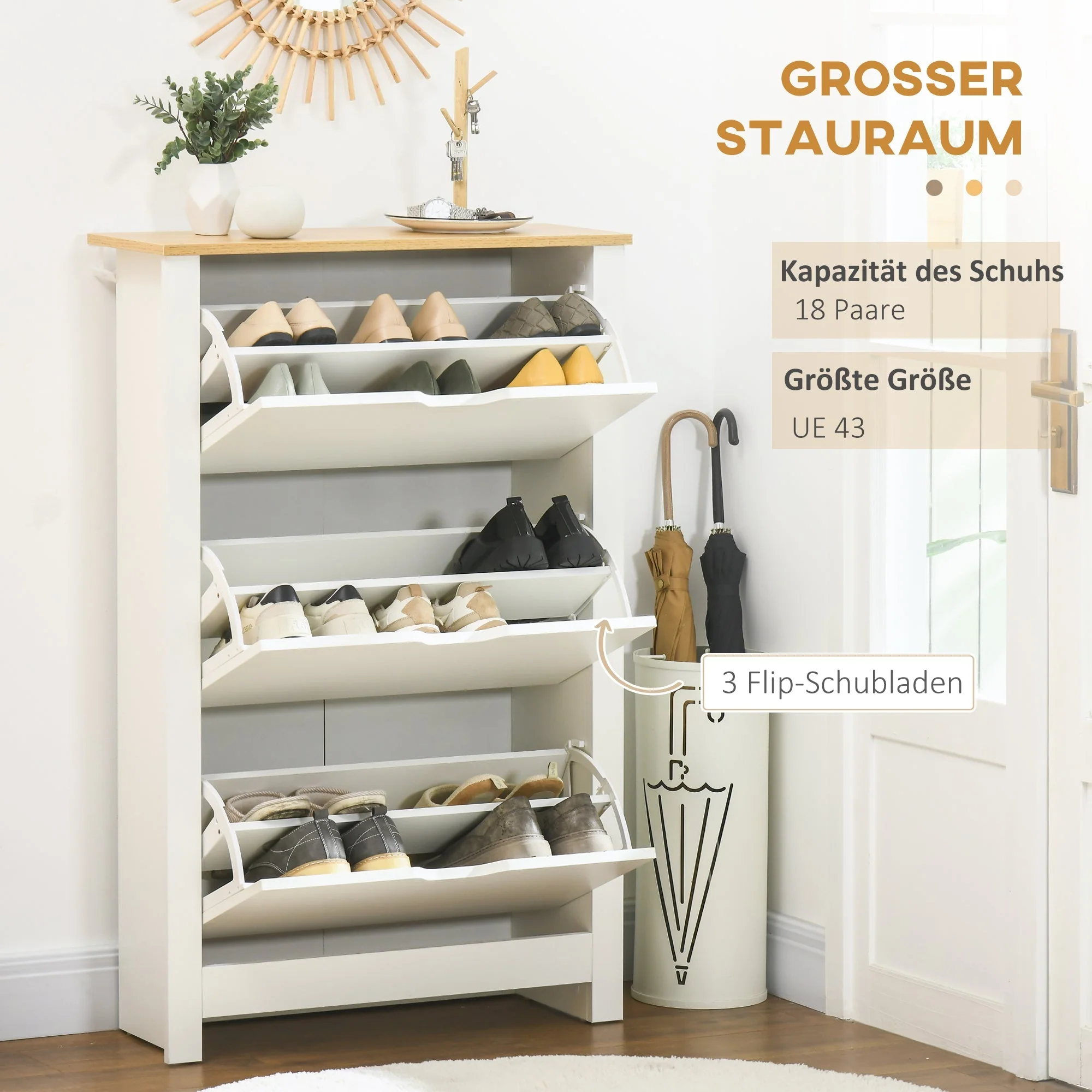 Shoe Cabinet Rack 3 Flaps 18 Pairs, Space-Saving, White Natural - Image 4