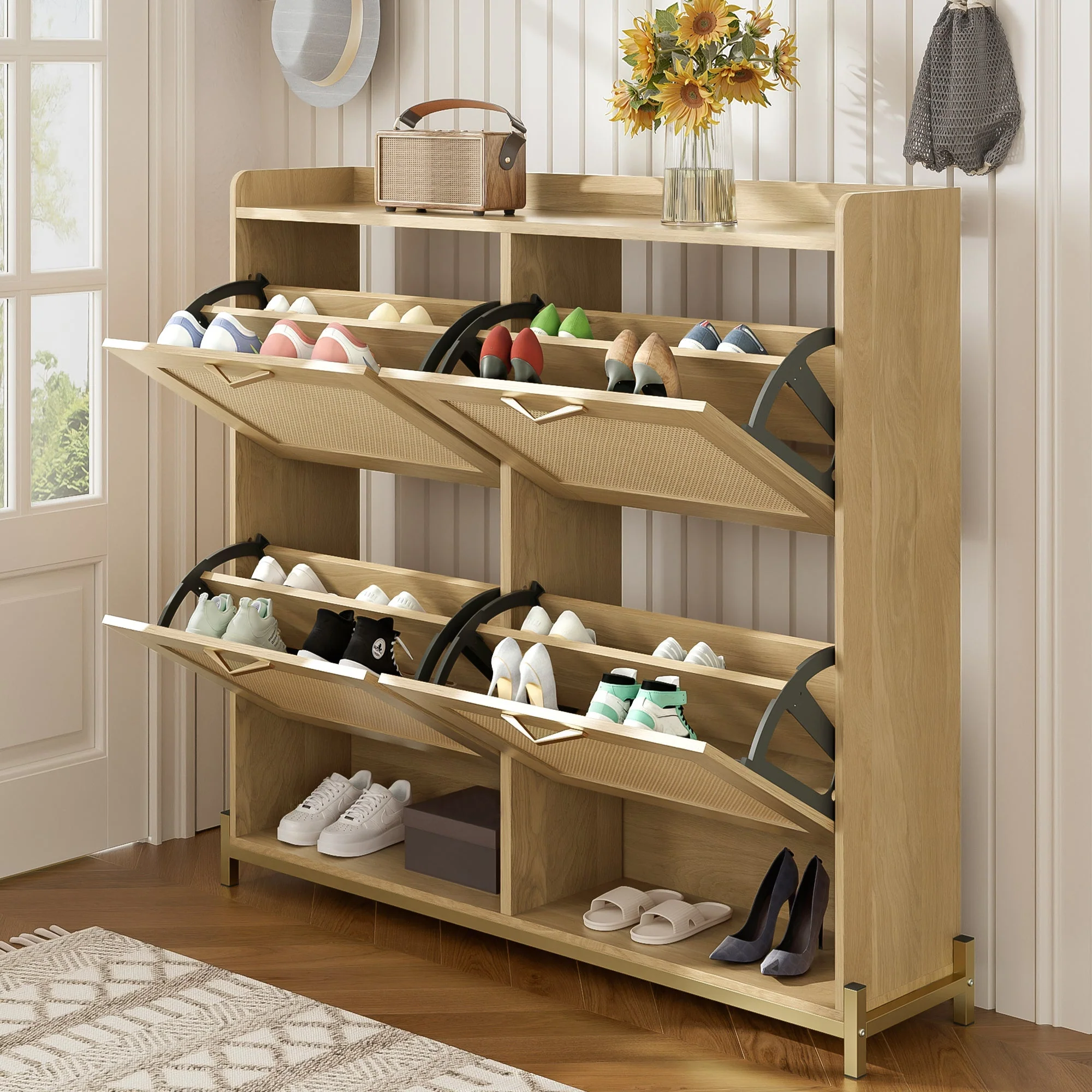 Shoe Cabinet Rattan Doors 4 Doors Metal Frame - Wood - Image 5