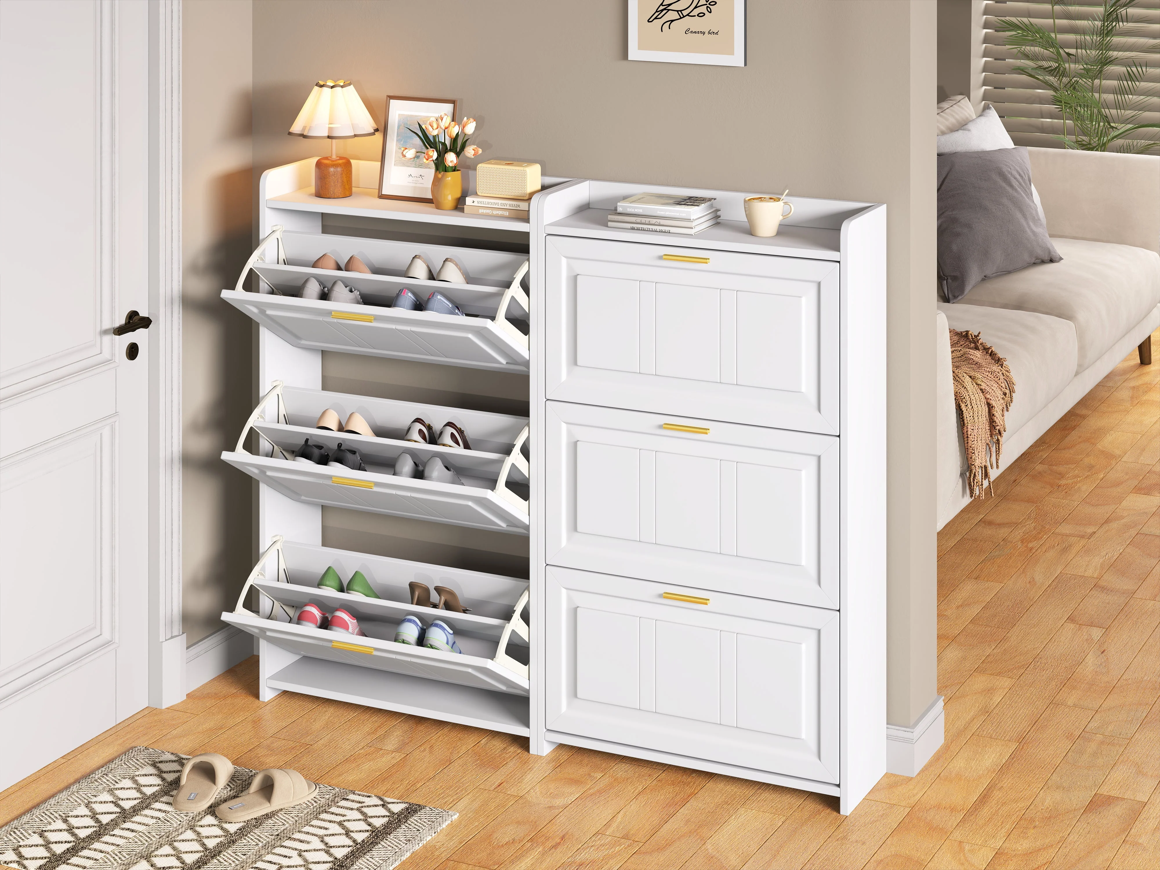 Shoe Cabinet Set Tall Storage 6 Compartments 70x24x120cm White MDF+Chipboard 2-piece - Image 2