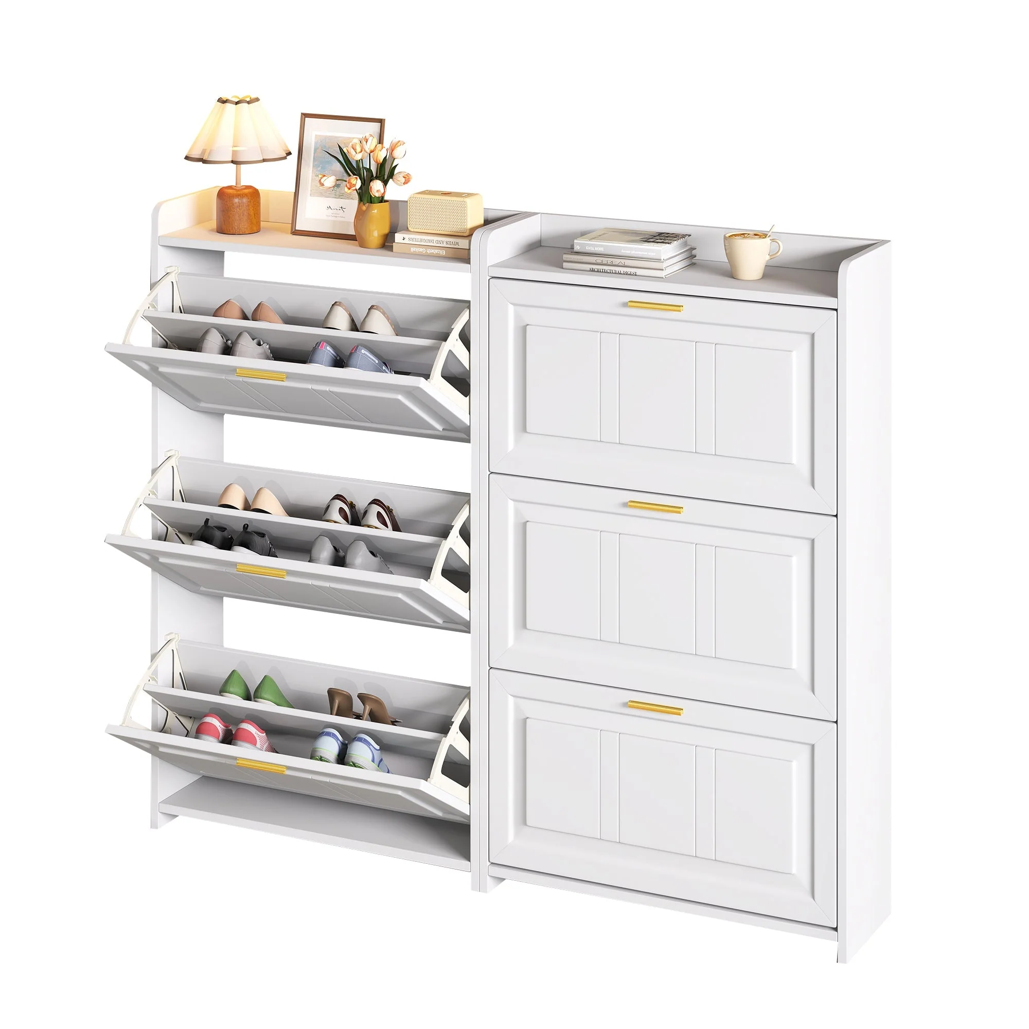 Shoe Cabinet Set Tall Storage 6 Compartments 70x24x120cm White MDF+Chipboard 2-piece - Image 3