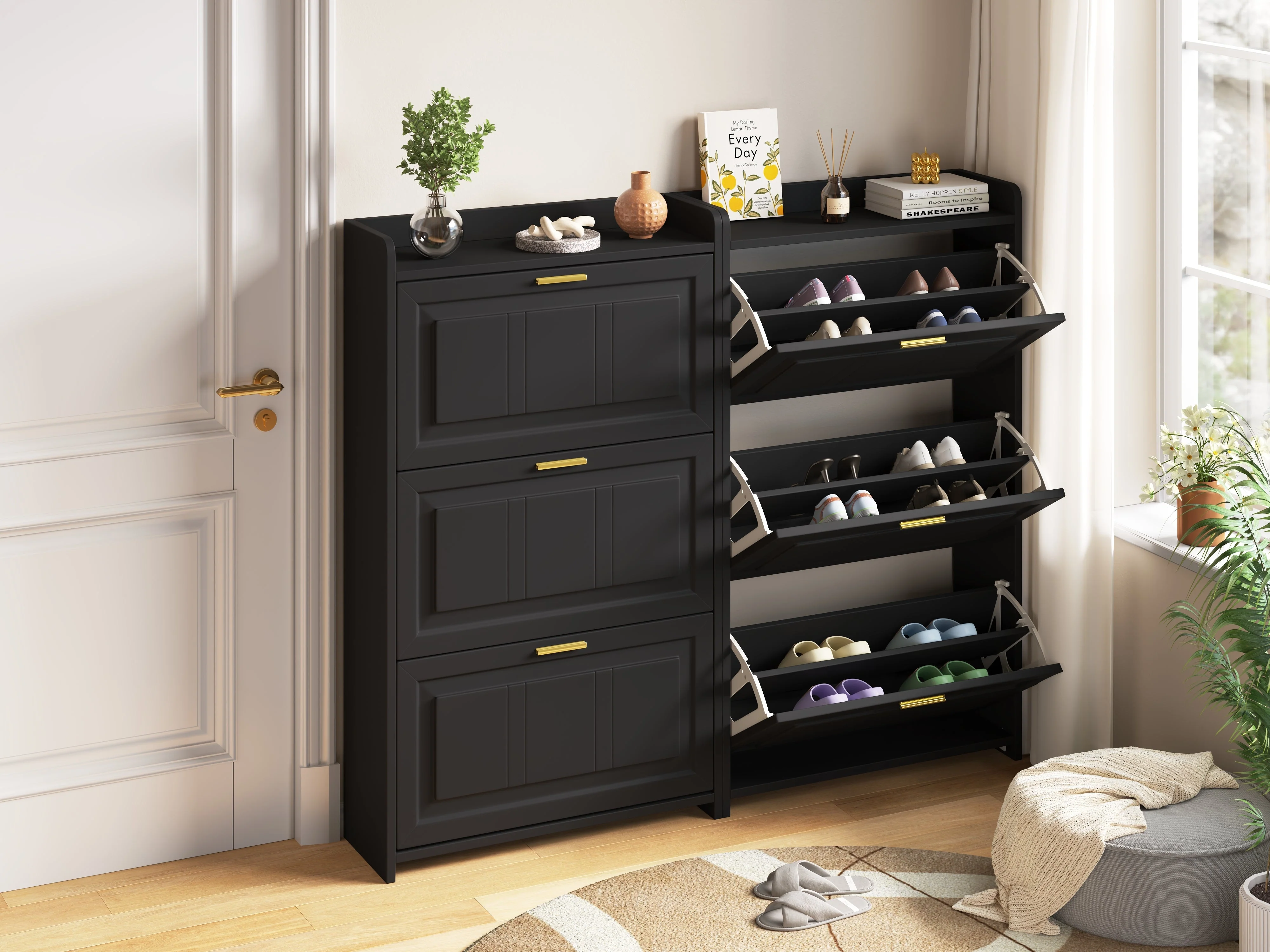 Shoe Cabinet Set with 6 Compartments and 2-Piece Design, Black MDF and Chipboard - Image 2