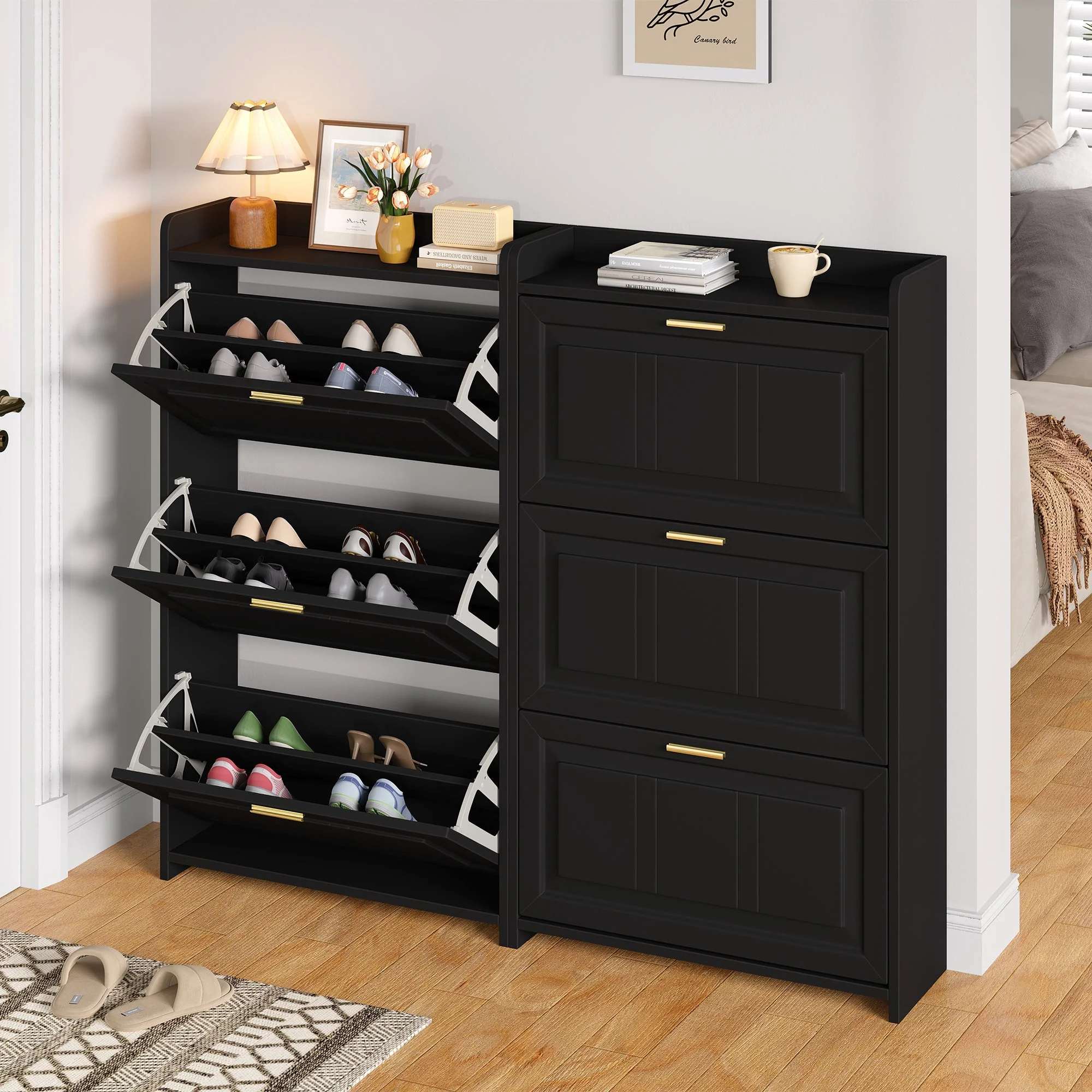 Shoe Cabinet Set with 6 Compartments and 2-Piece Design, Black MDF and Chipboard - Image 3