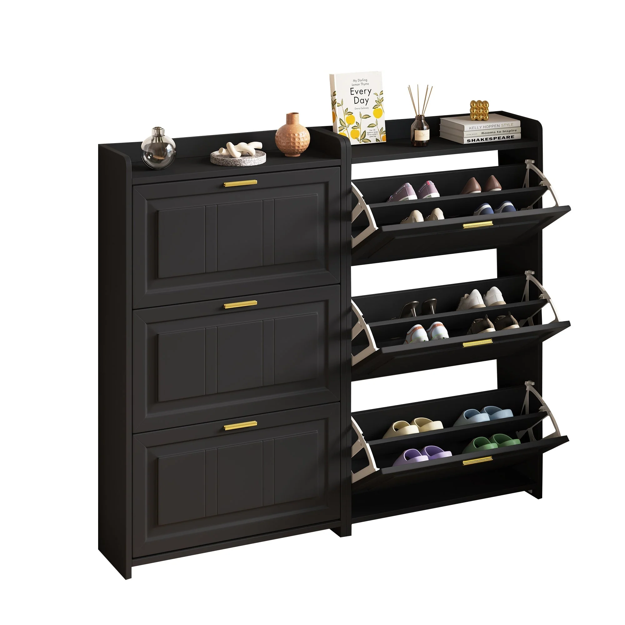 Shoe Cabinet Set with 6 Compartments and 2-Piece Design, Black MDF and Chipboard - Image 4