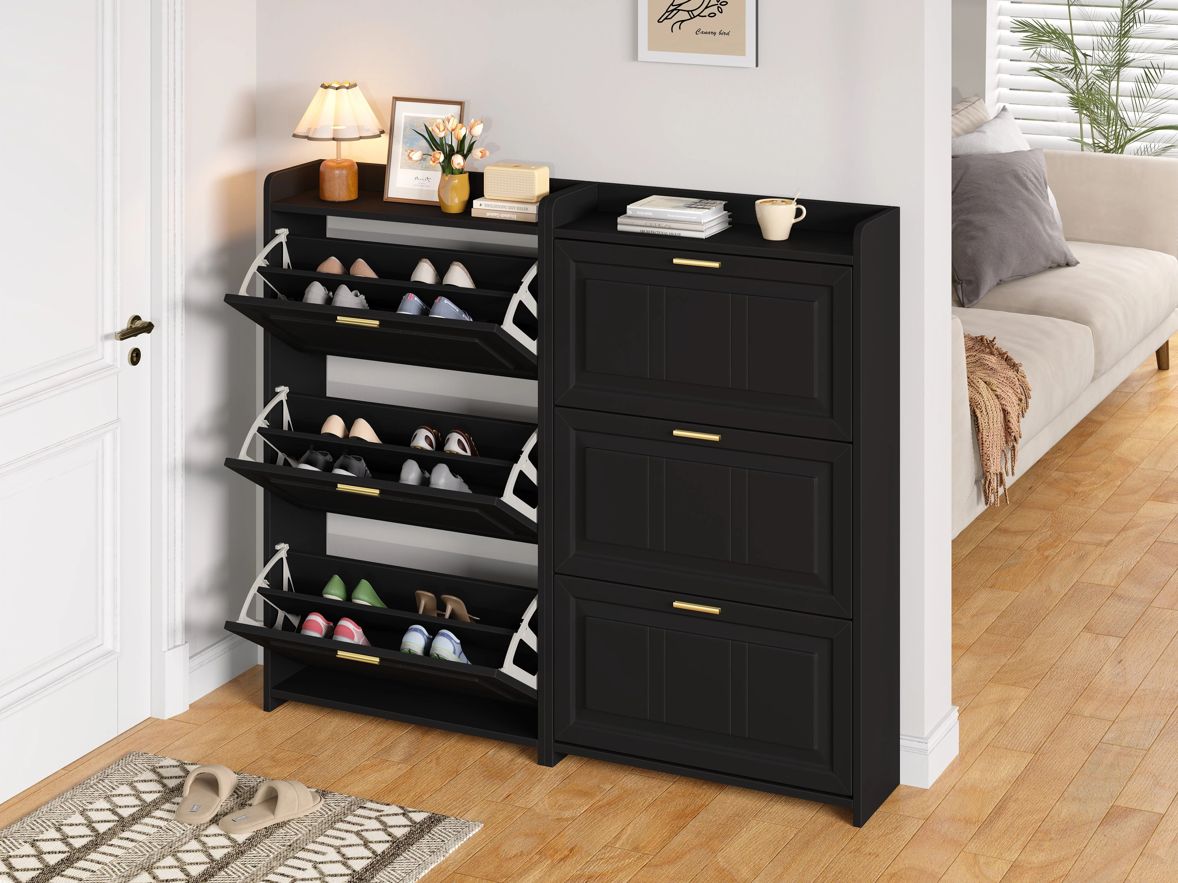 Shoe Cabinet Set with 6 Compartments and 2-Piece Design, Black MDF and Chipboard - Image 6