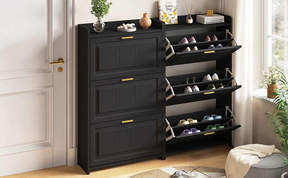 Shoe Cabinet Set with 6 Compartments and 2-Piece Design, Black MDF and Chipboard - Image 7