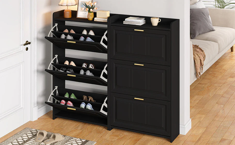 Shoe Cabinet Set with 6 Compartments and 2-Piece Design, Black MDF and Chipboard - Image 8