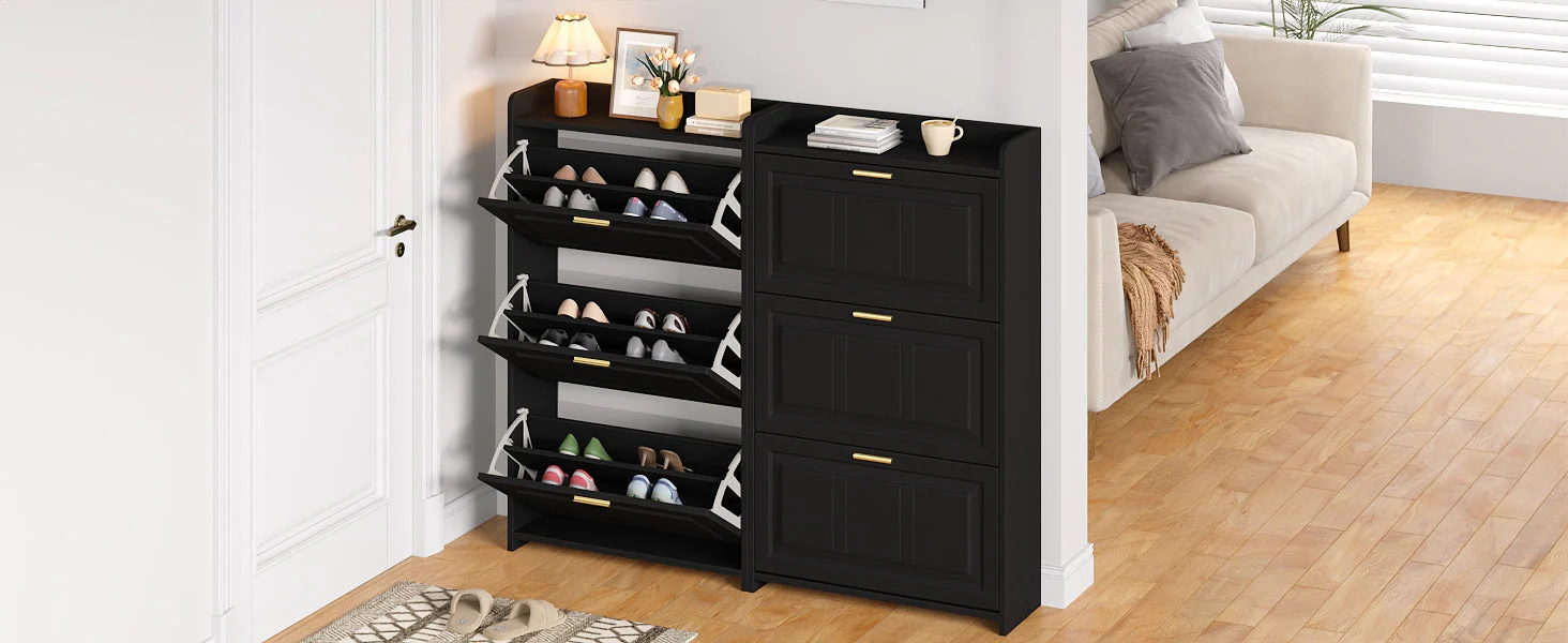 Shoe Cabinet Set with 6 Compartments and 2-Piece Design, Black MDF and Chipboard - Image 9
