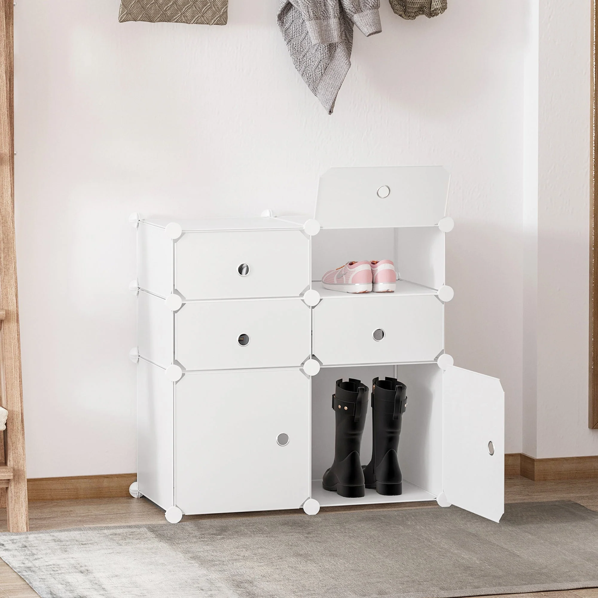 Shoe Cabinet Shelf, Storage Boxes, Plastic and Steel, White