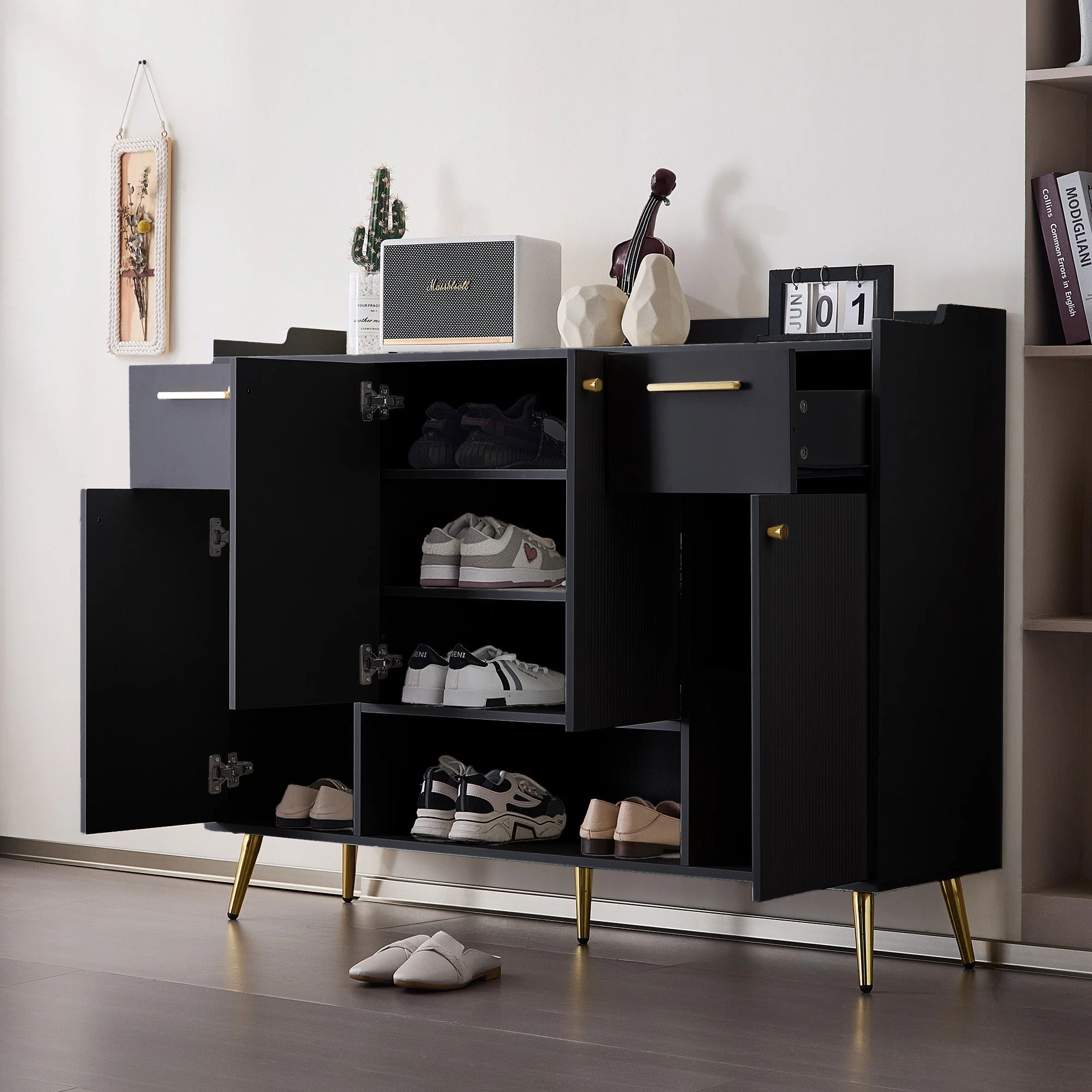 Shoe Cabinet, Shoe Rack with 2 Drawers and 4 Doors, Metal Feet, Black - Image 4
