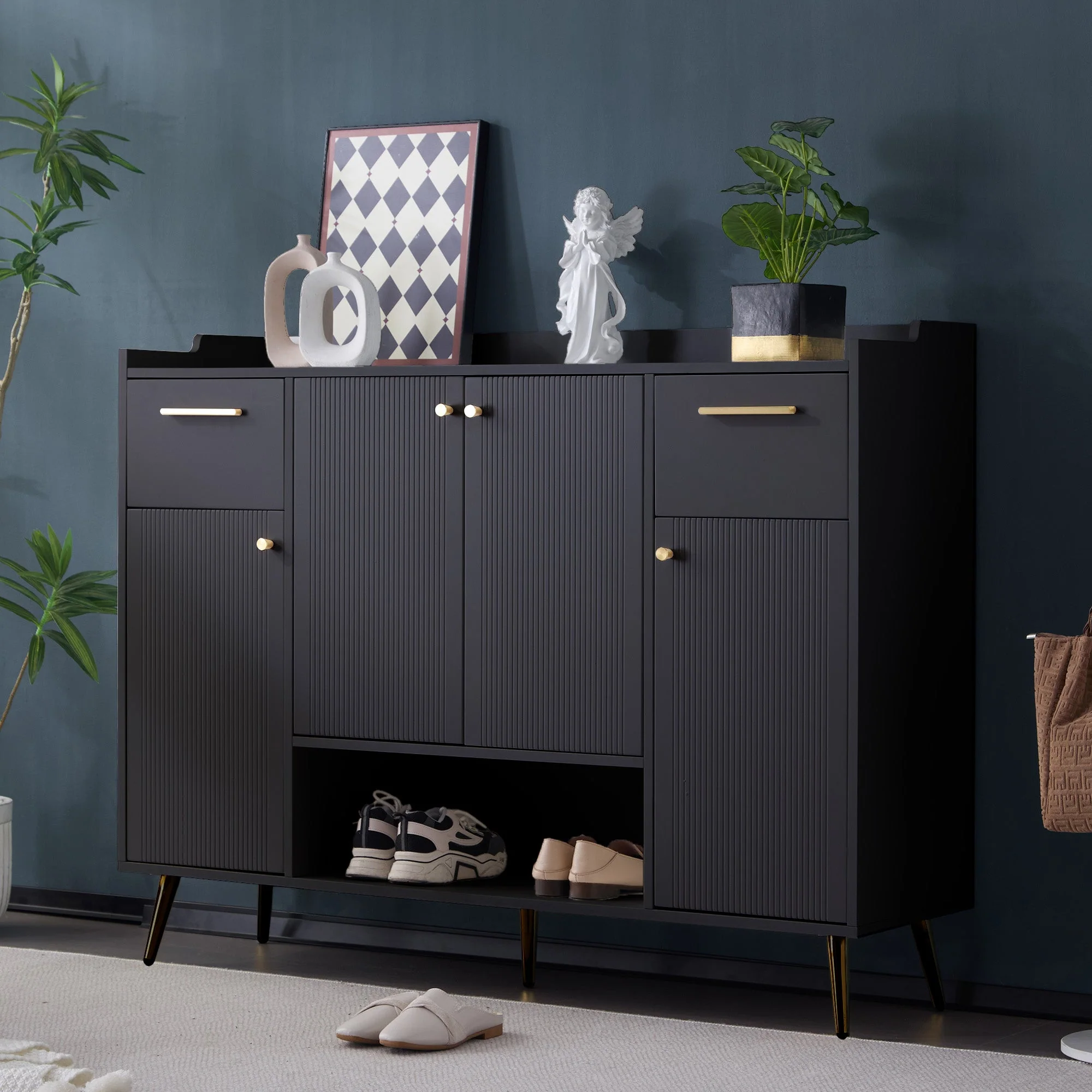 Shoe Cabinet, Shoe Rack with 2 Drawers and 4 Doors, Metal Feet, Black - Image 8