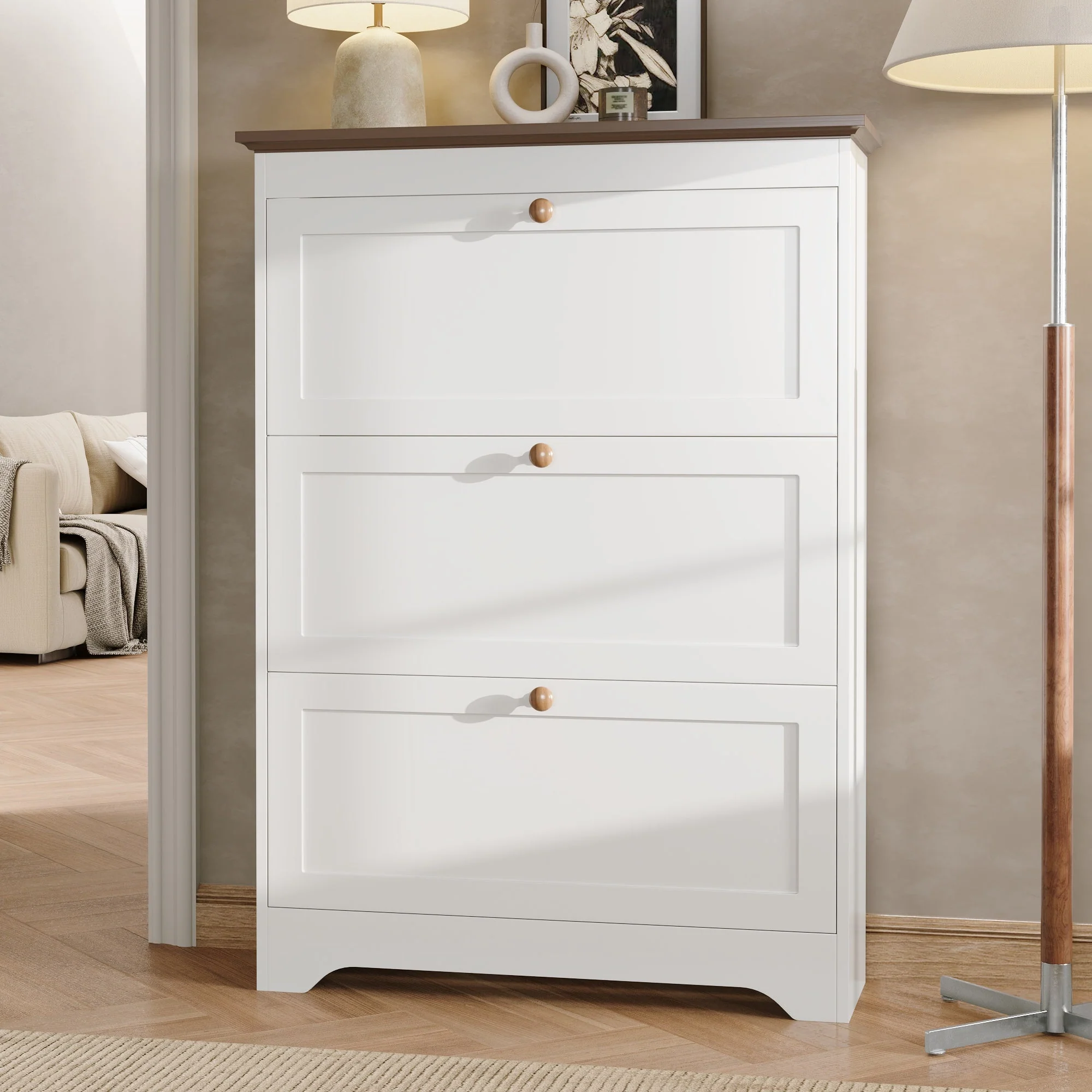 Shoe Cabinet with 3 Doors and Large Capacity, White Wood Look - Image 10