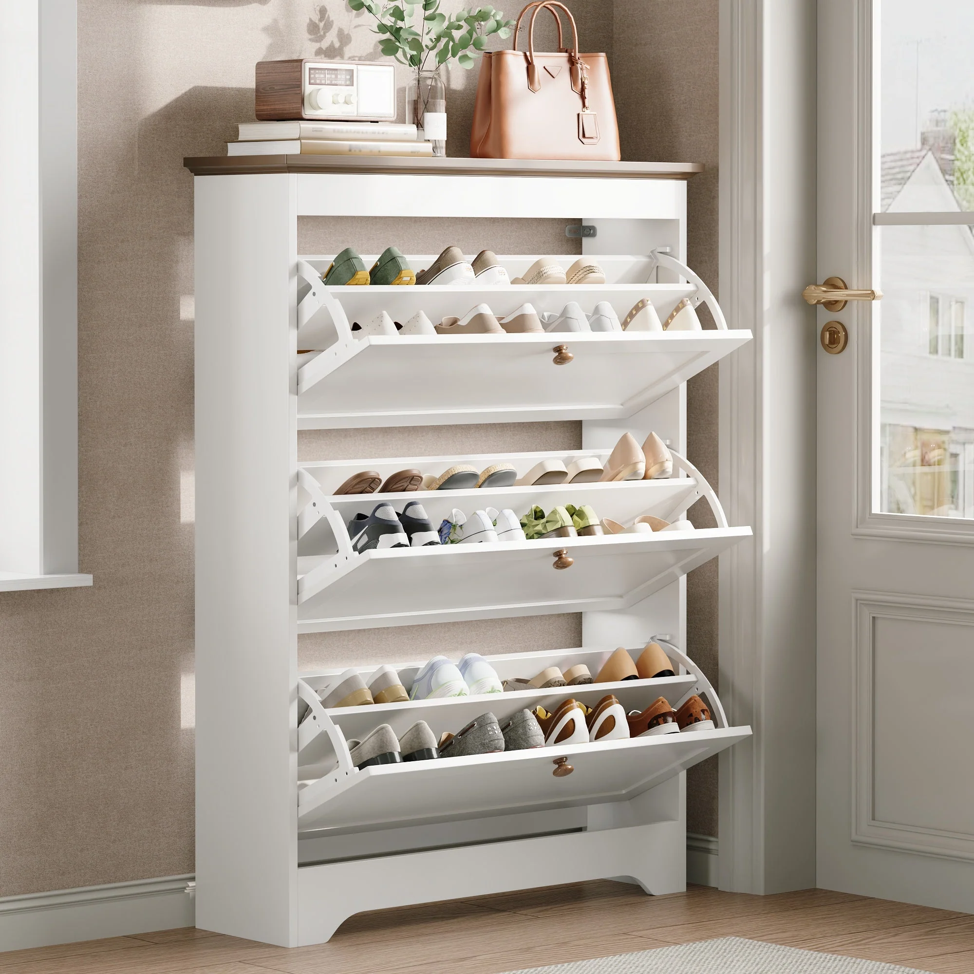 Shoe Cabinet with 3 Doors and Large Capacity, White Wood Look - Image 4