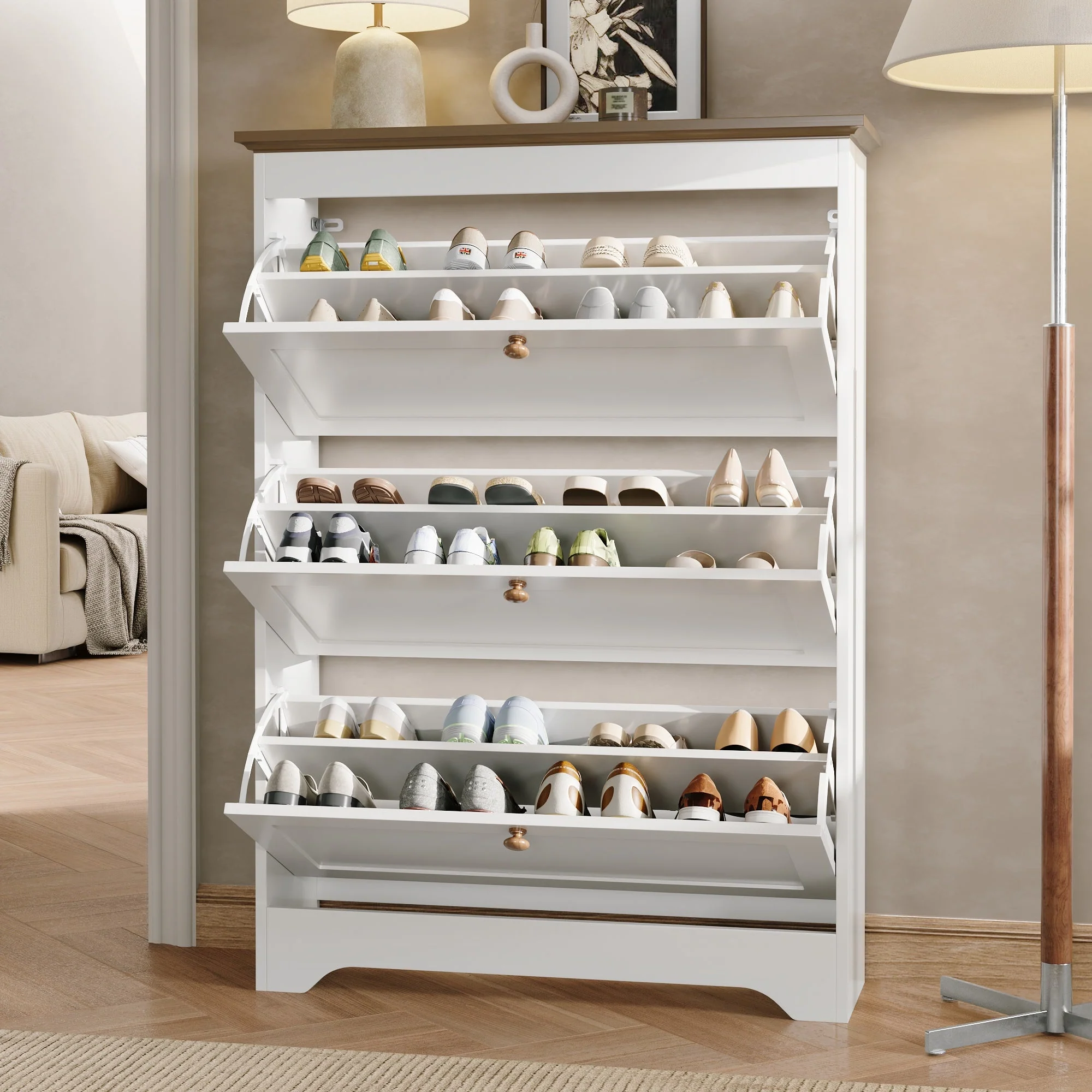 Shoe Cabinet with 3 Doors and Large Capacity, White Wood Look - Image 9