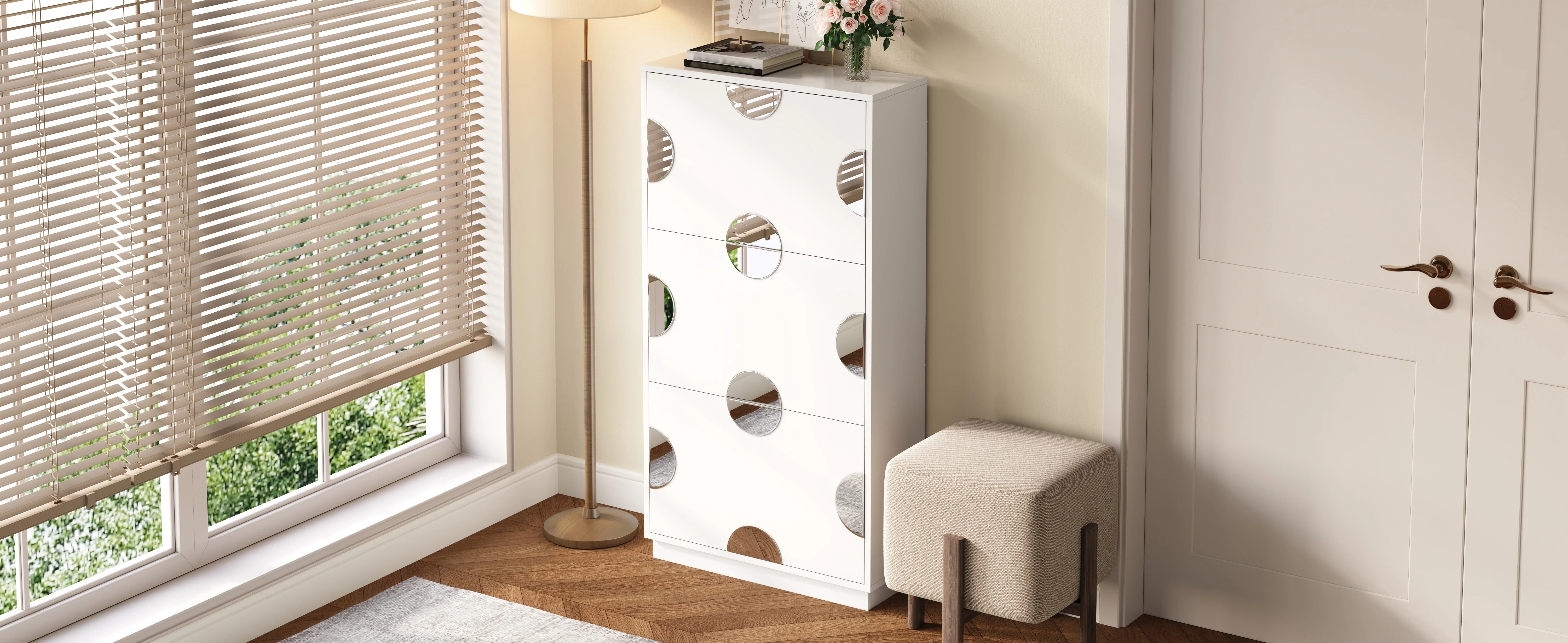 Shoe Cabinet with 3 Doors and Round Mirror, Large Storage for Entryway, White
