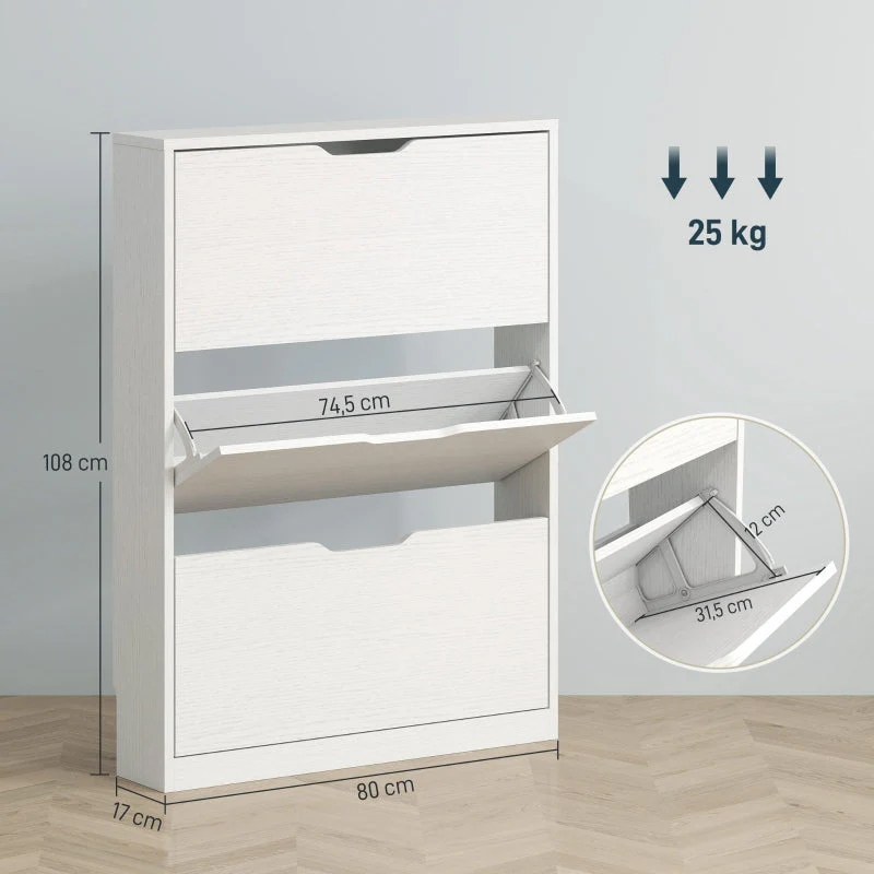 Shoe Cabinet with 3 Doors, Narrow, White - Image 3
