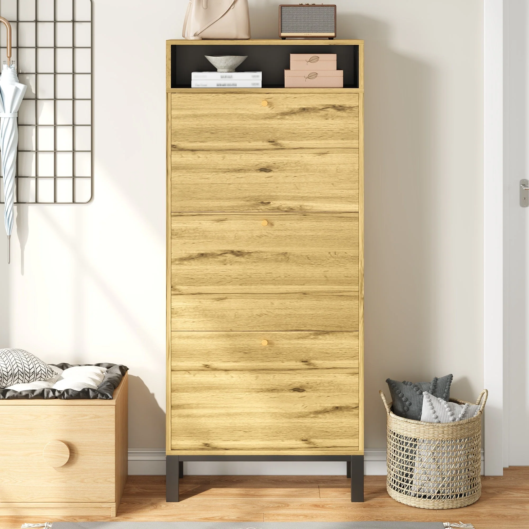 Shoe Cabinet with 3 Drawers and Additional Compartments, Tall and Narrow, Natural Wood Look - Image 8