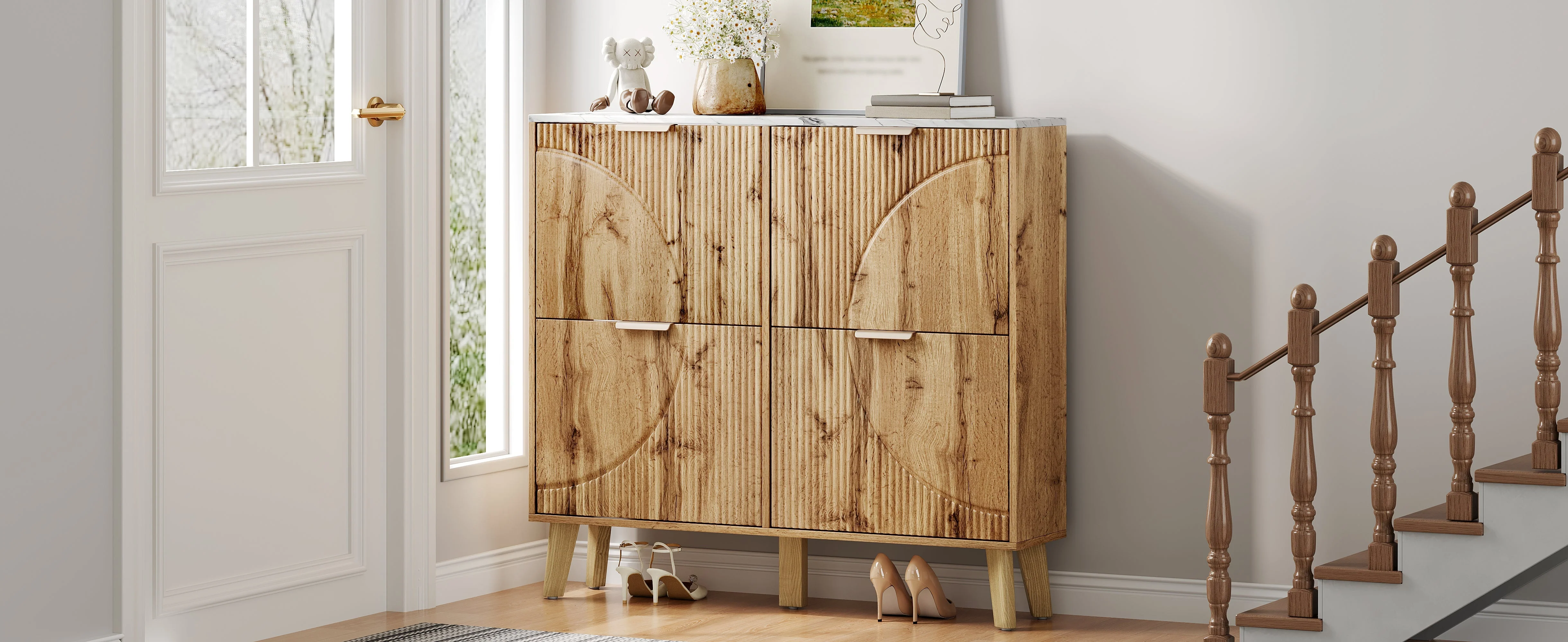 Shoe Cabinet with 4 Doors and Marble Look Worktop, Wood Look and Solid Wood Legs - Image 6